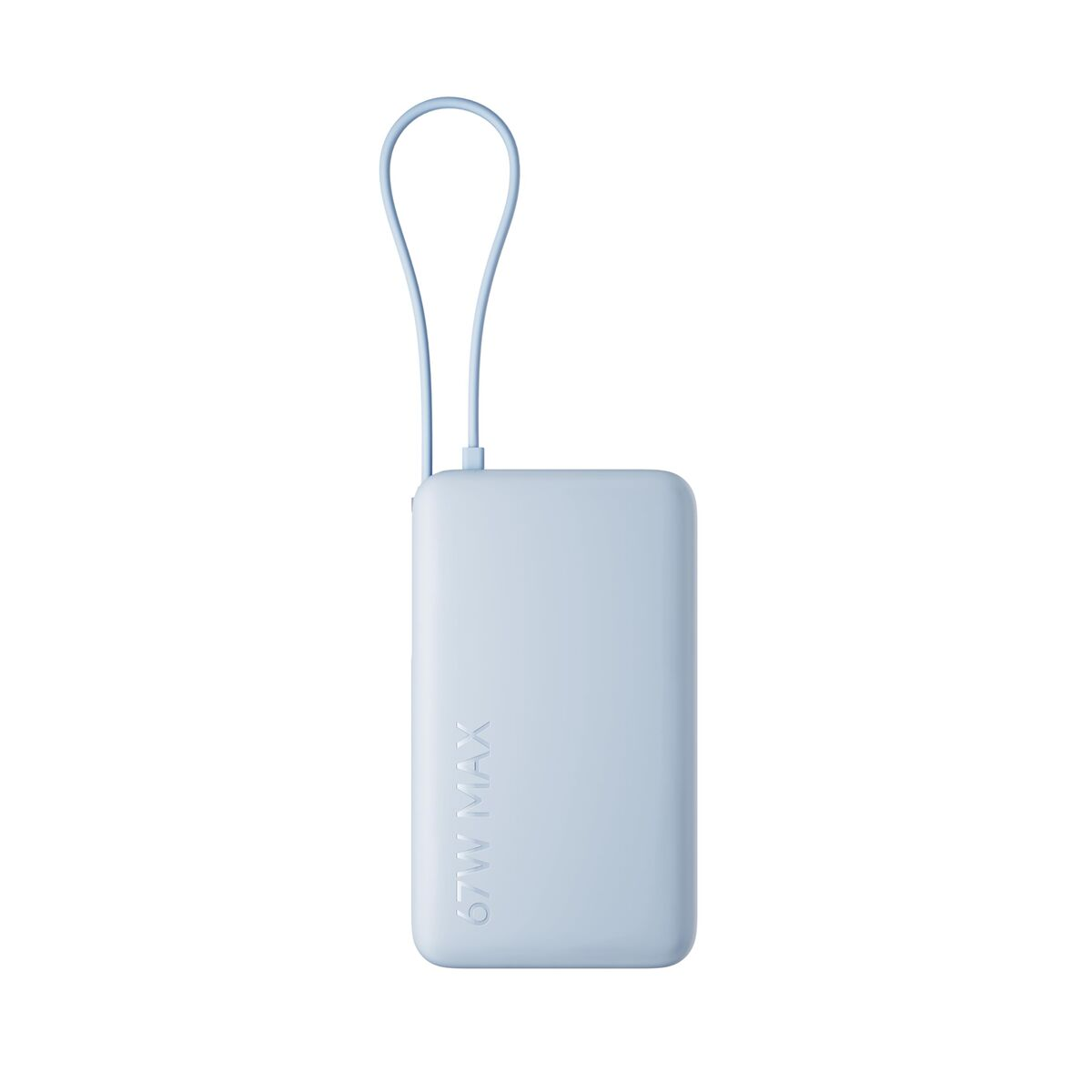 Een lichtblauwe powerbank met een lusriem en "67W MAX" tekst.