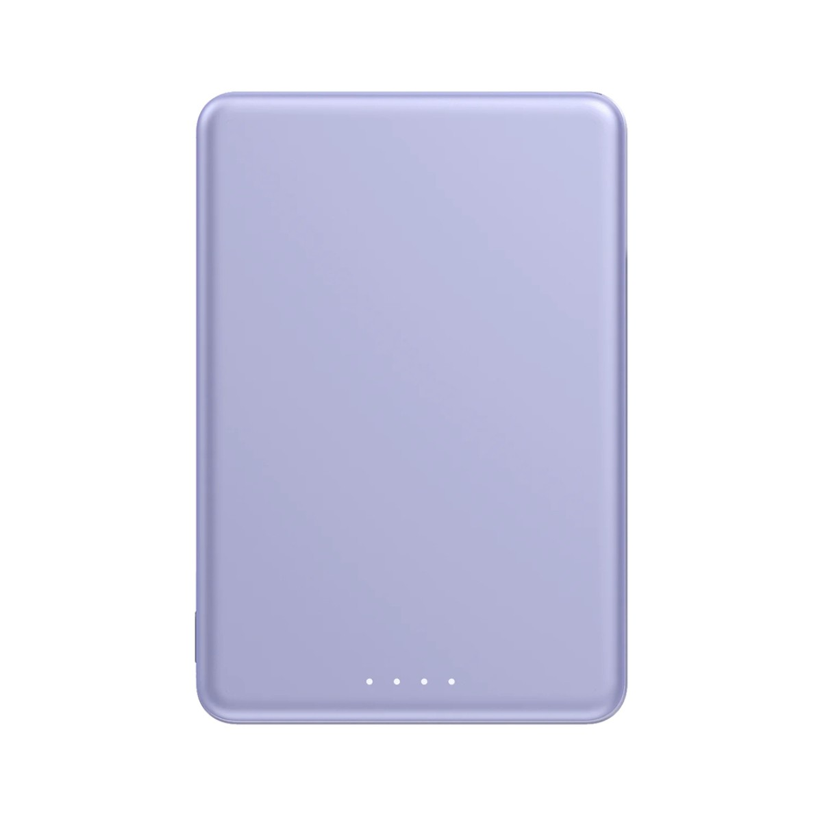 Una batería externa morada con cuatro luces indicadoras sobre fondo blanco.