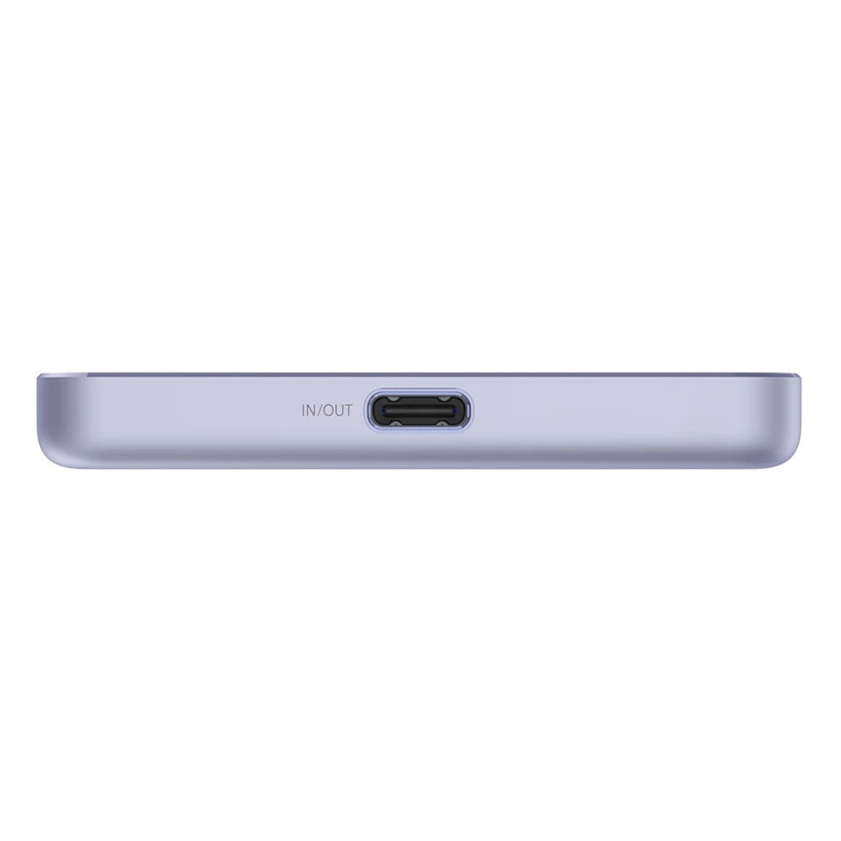 Un dispositivo morado con un puerto USB-C etiquetado IN/OUT.