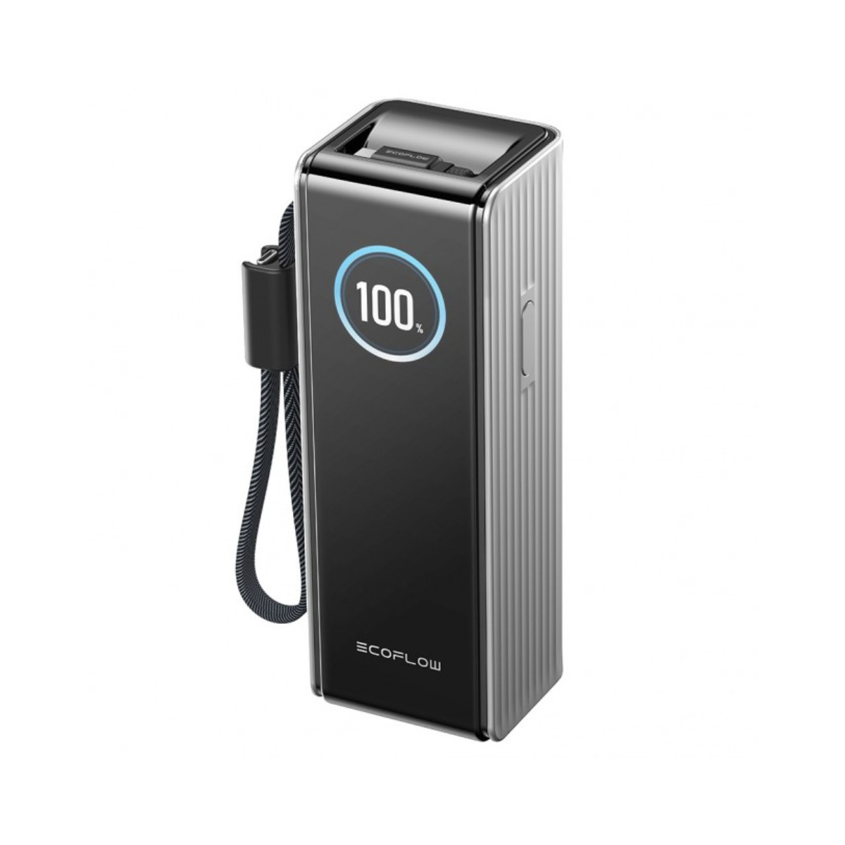 Zwarte draagbare powerbank met 100% weergave en ECOFLOW logo.