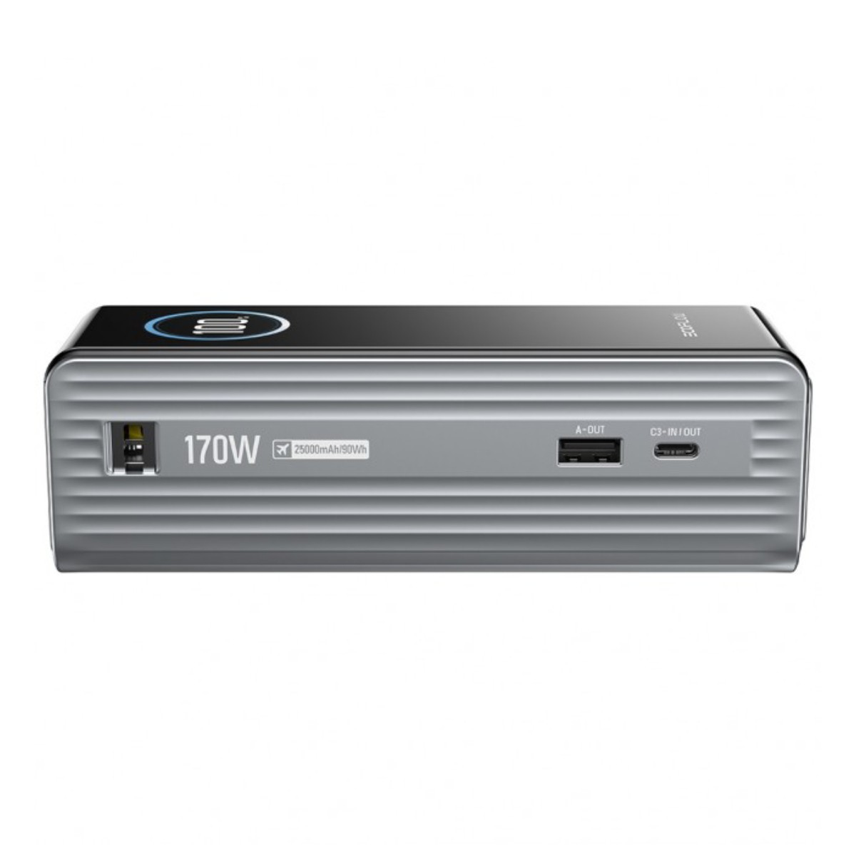 Zilveren powerbank van 170W, 25000mAh met USB-A en USB-C poorten.
