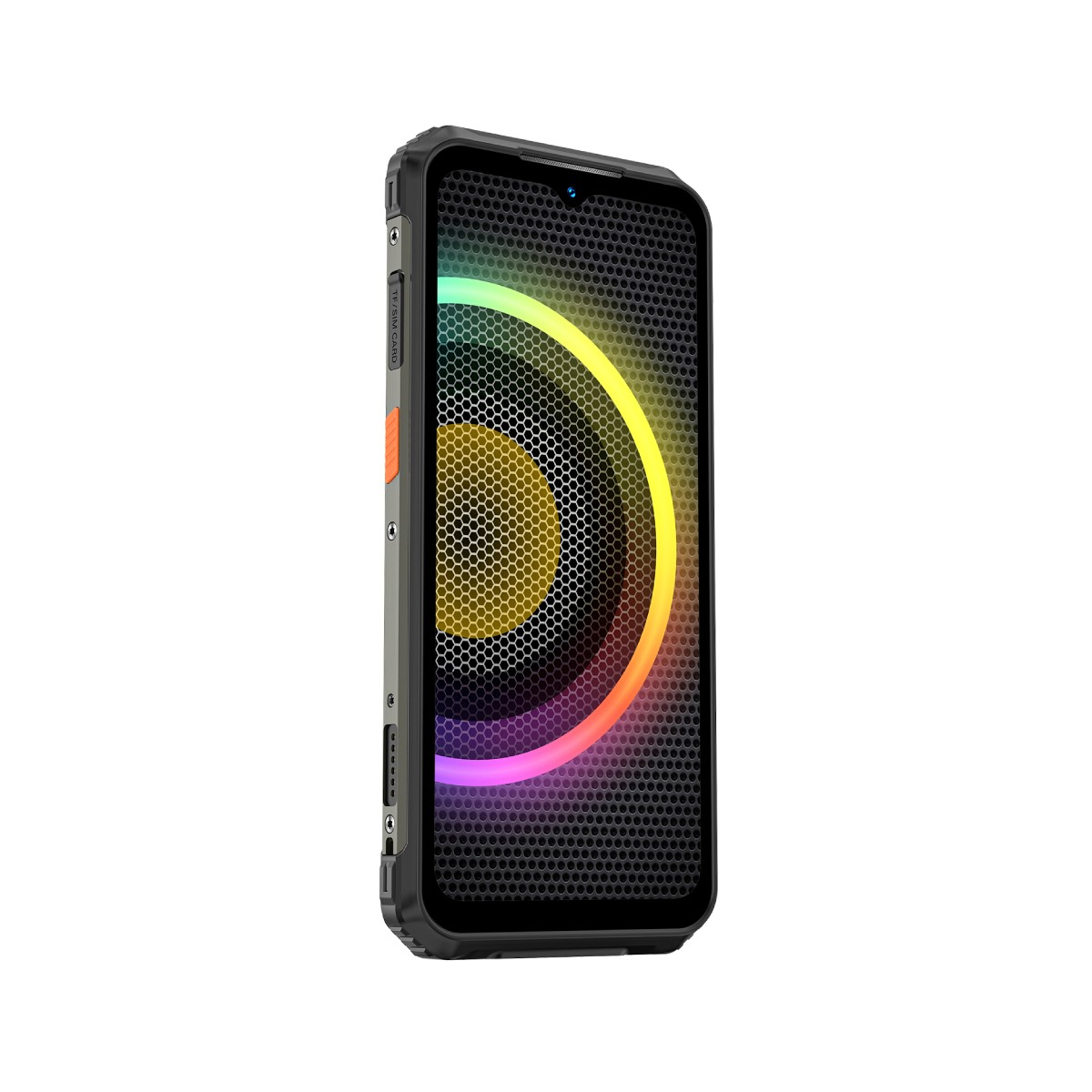 Wytrzymały smartfon z kolorowym okręgiem światła na ekranie siatkowym.