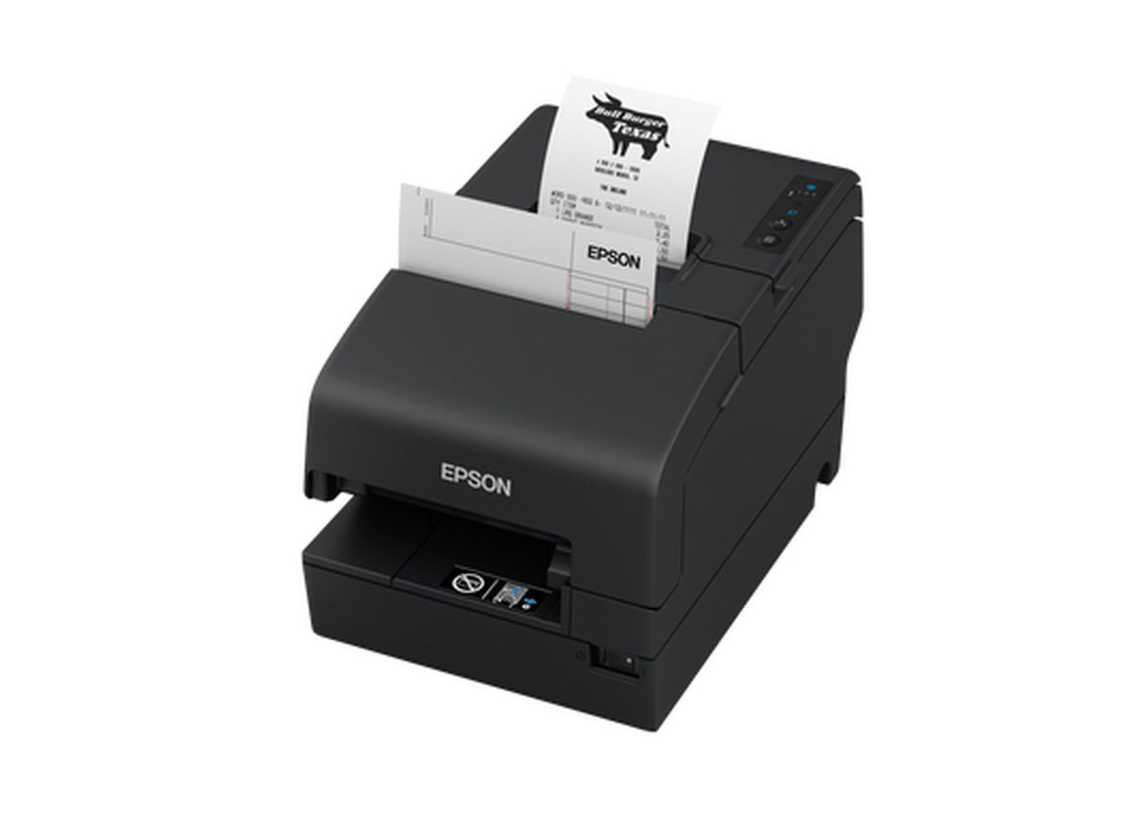Czarna drukarka fiskalna Epson z paragonem pokazującym logo byka i tekst.
