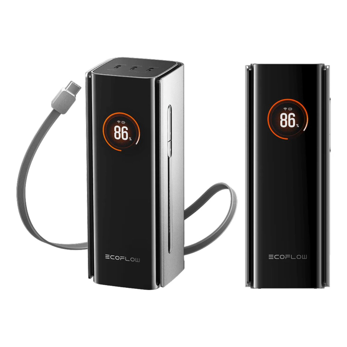Twee zwarte Ecoflow powerbanks met zilveren accenten, beide tonen 86% lading.
