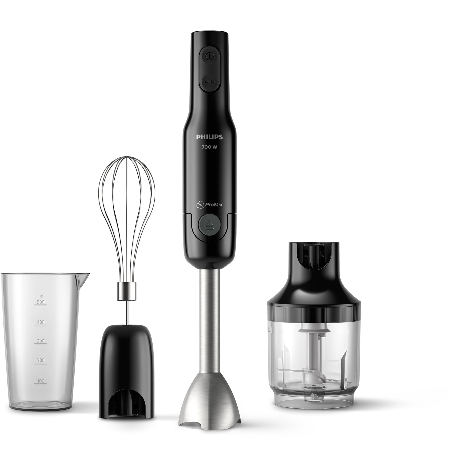 Schwarzer Philips-Handmixer mit Schneebesen, Becher und Zerkleinerer auf weißem Grund.