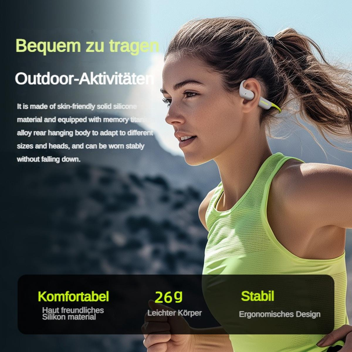 Eine Frau mit Kopfhörern läuft im Freien, mit Text über Komfort und Design.