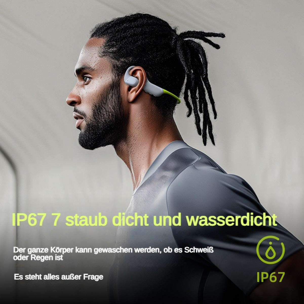 Mann mit Kopfhörern, IP67 staub- und wasserdicht.