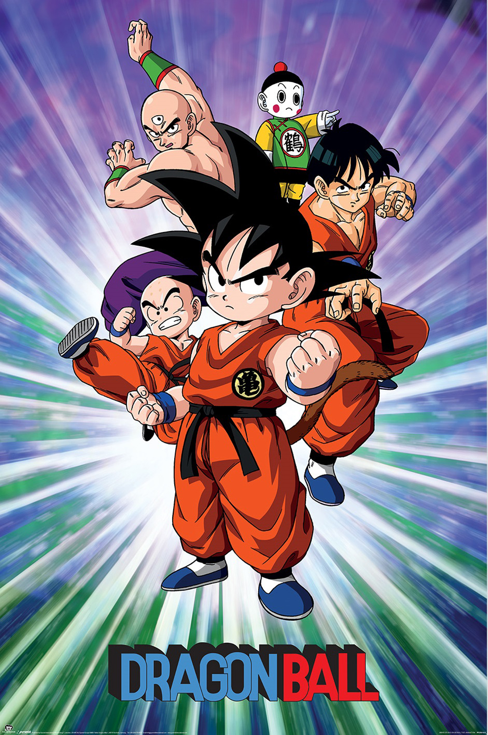 Dragon Ball Charaktere mit orangen Anzügen vor strahlendem Hintergrund.