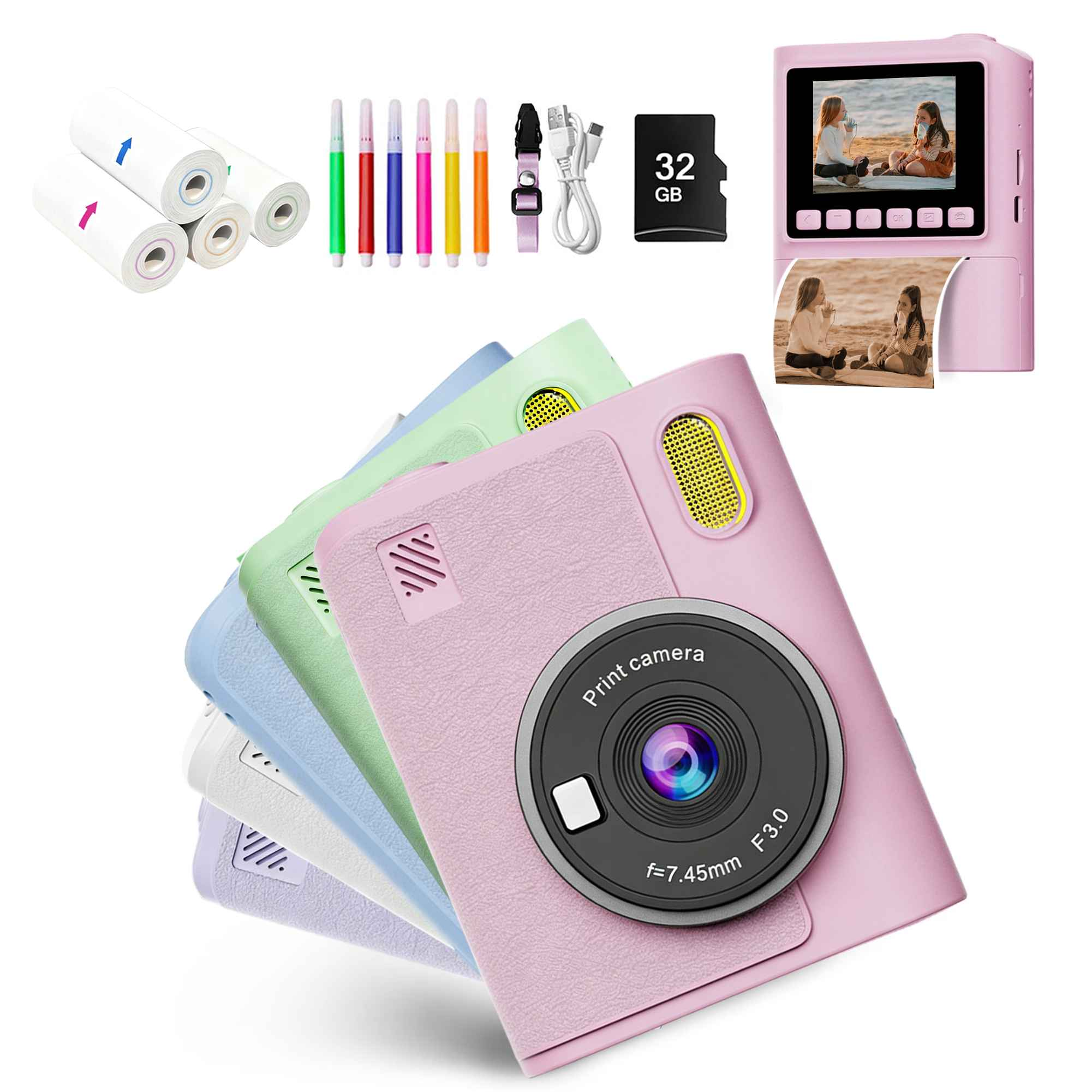 Ein rosa Sofortbildkamera-Set mit Rollen, Stiften, SD-Karte und Kabel.
