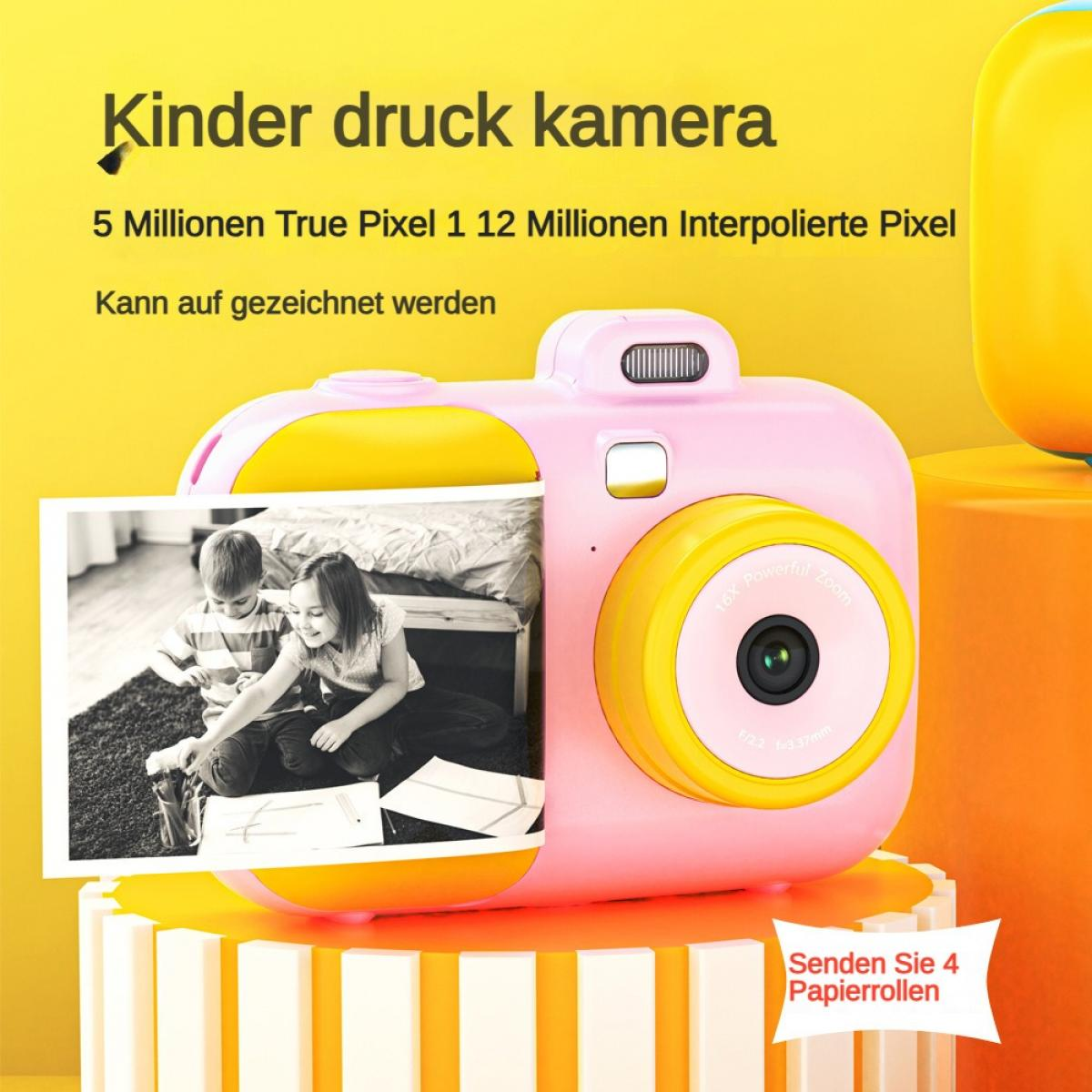 Eine pinke Kinderkamera druckt ein Bild von zwei Kindern, die auf dem Boden sitzen.