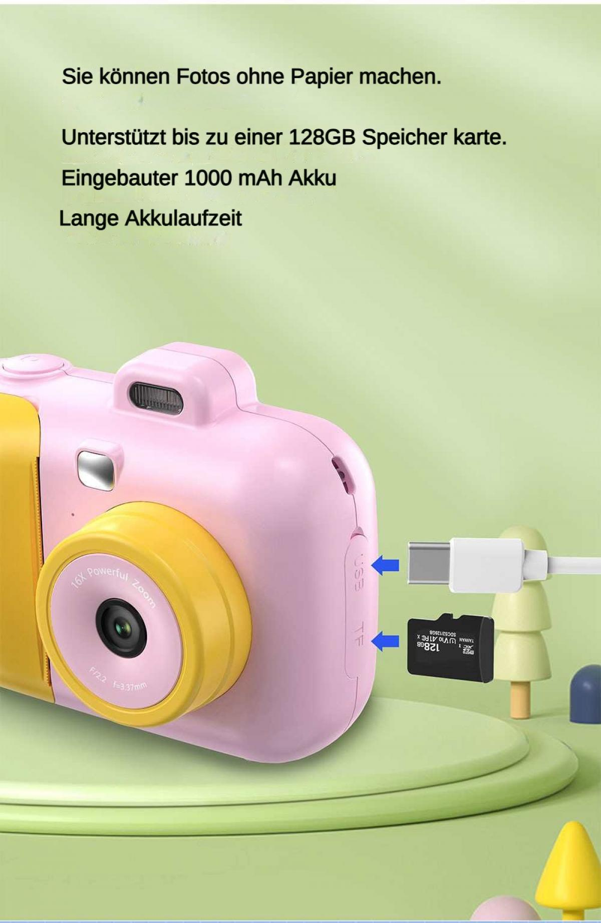 Eine rosa und gelbe Digitalkamera mit USB-Kabel und 128GB Speicherkarte.