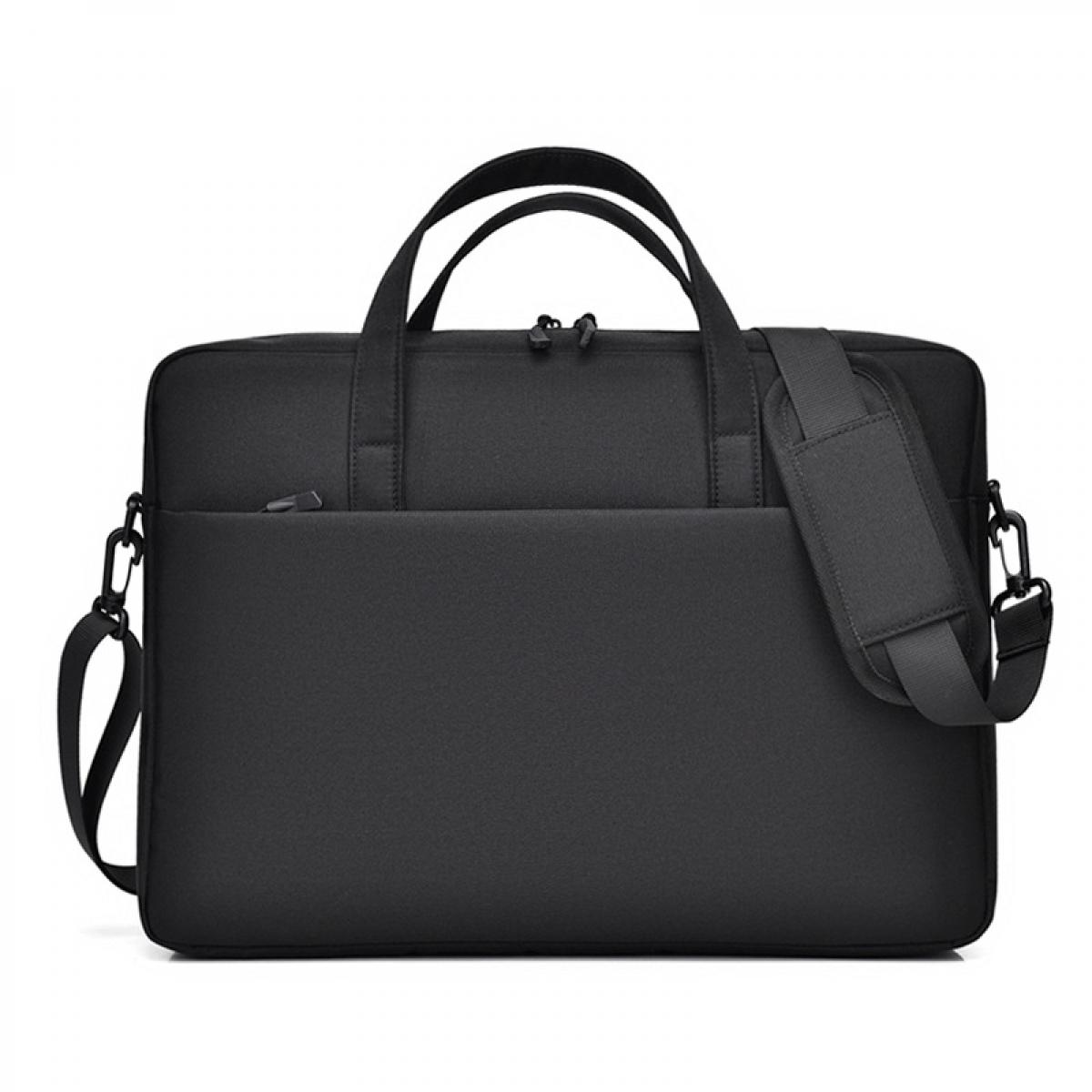 Schwarze Laptoptasche mit zwei Henkeln und abnehmbarem Schultergurt.