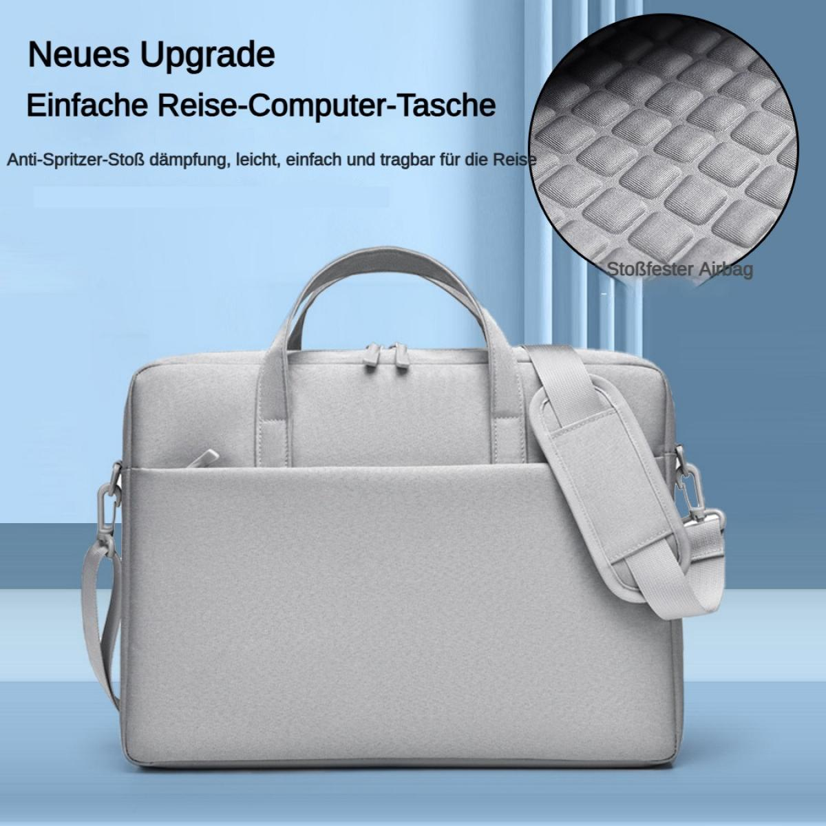 Graue Laptoptasche mit Tragegriffen und Schultergurt, mit Text "Neues Upgrade."