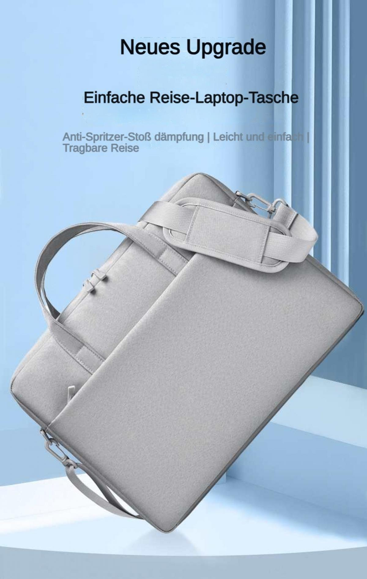 Graue Laptop-Tasche mit Tragegriff und Schultergurt, für Reisen.