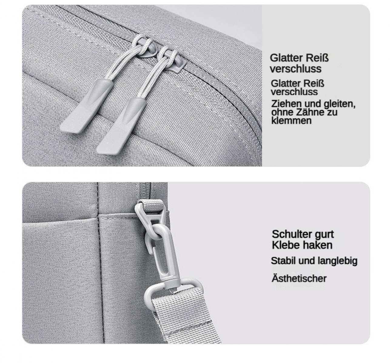 Graue Tasche mit zwei Reißverschlüssen und einem Schultergurt-Haken.