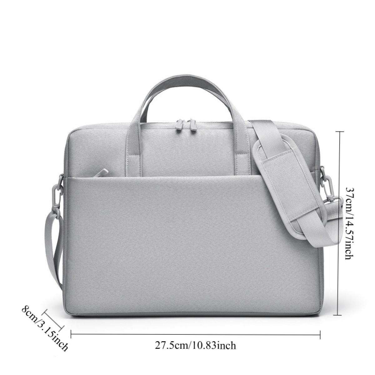 Eine graue Laptoptasche mit Henkeln und abnehmbarem Schultergurt. Maße angegeben.