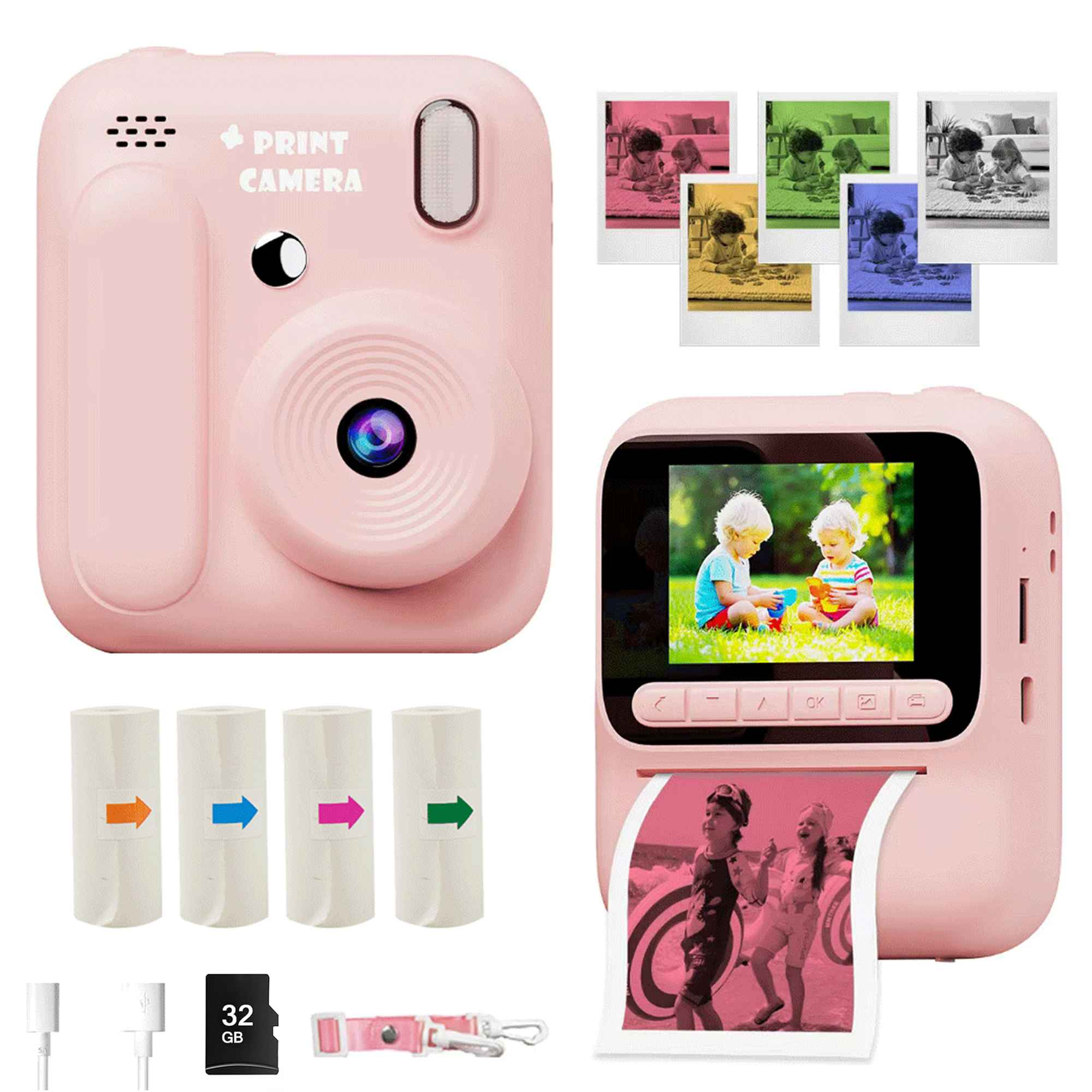 Ein rosa Sofortbildkamera-Set mit Druckfunktion, Papierrollen, SD-Karte und Kabeln.