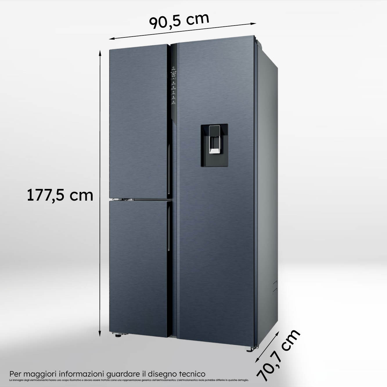 Frigorifero grigio scuro con dispenser d'acqua. Dimensioni: 177,5x90,5x70,7 cm.