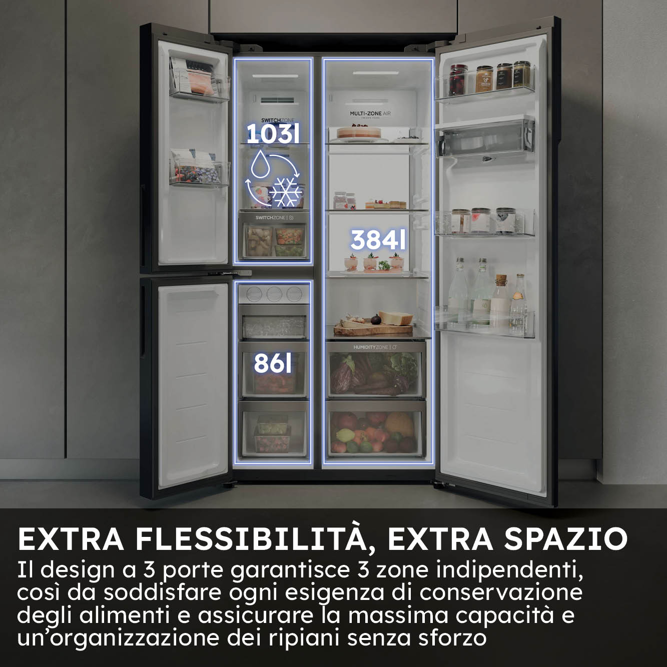 Frigorifero aperto a tre porte con tre zone: 1031L, 3841L e 861L.