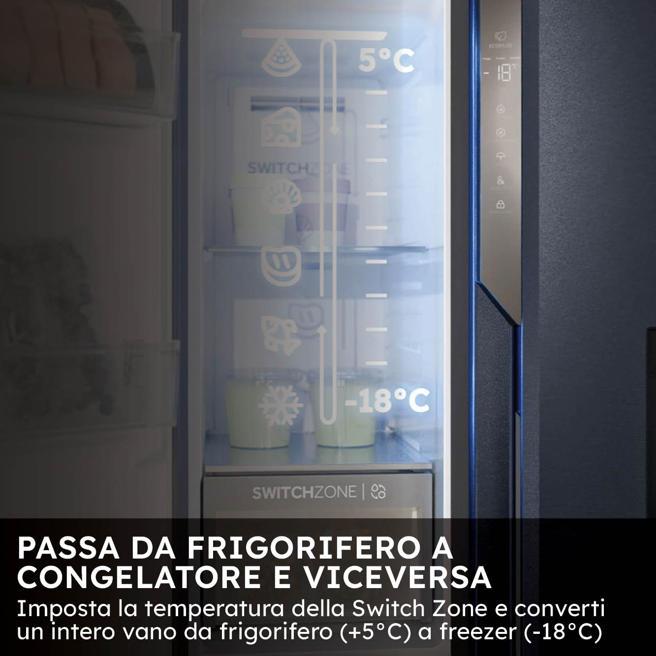 Frigorifero con Switch Zone: 5°C (frigo) a -18°C (congelatore).
