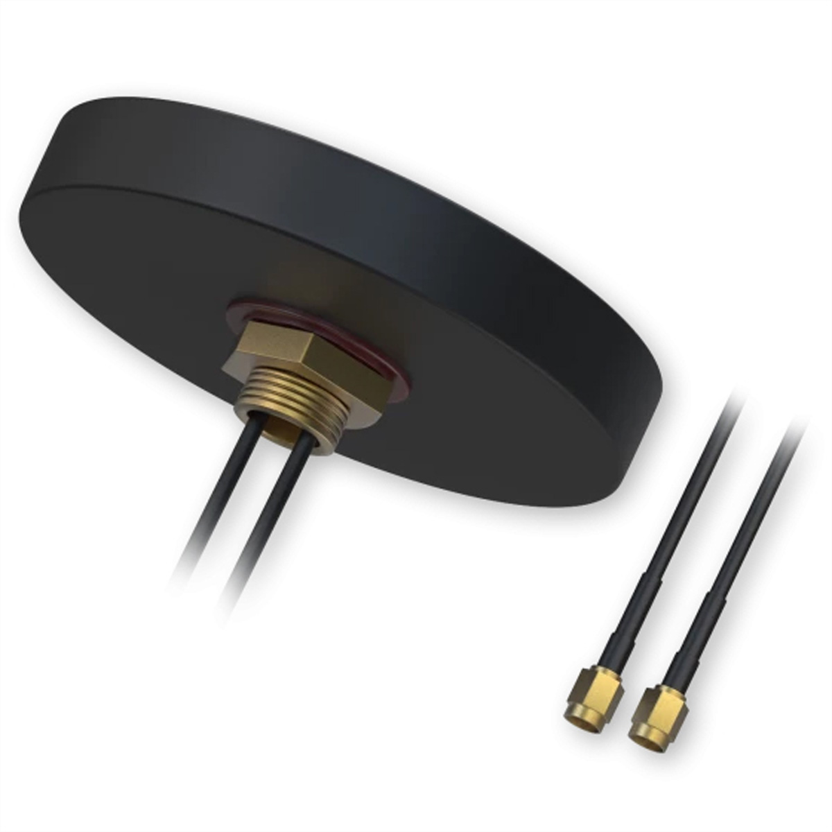 Antenna tonda nera con due cavi e connettori dorati.