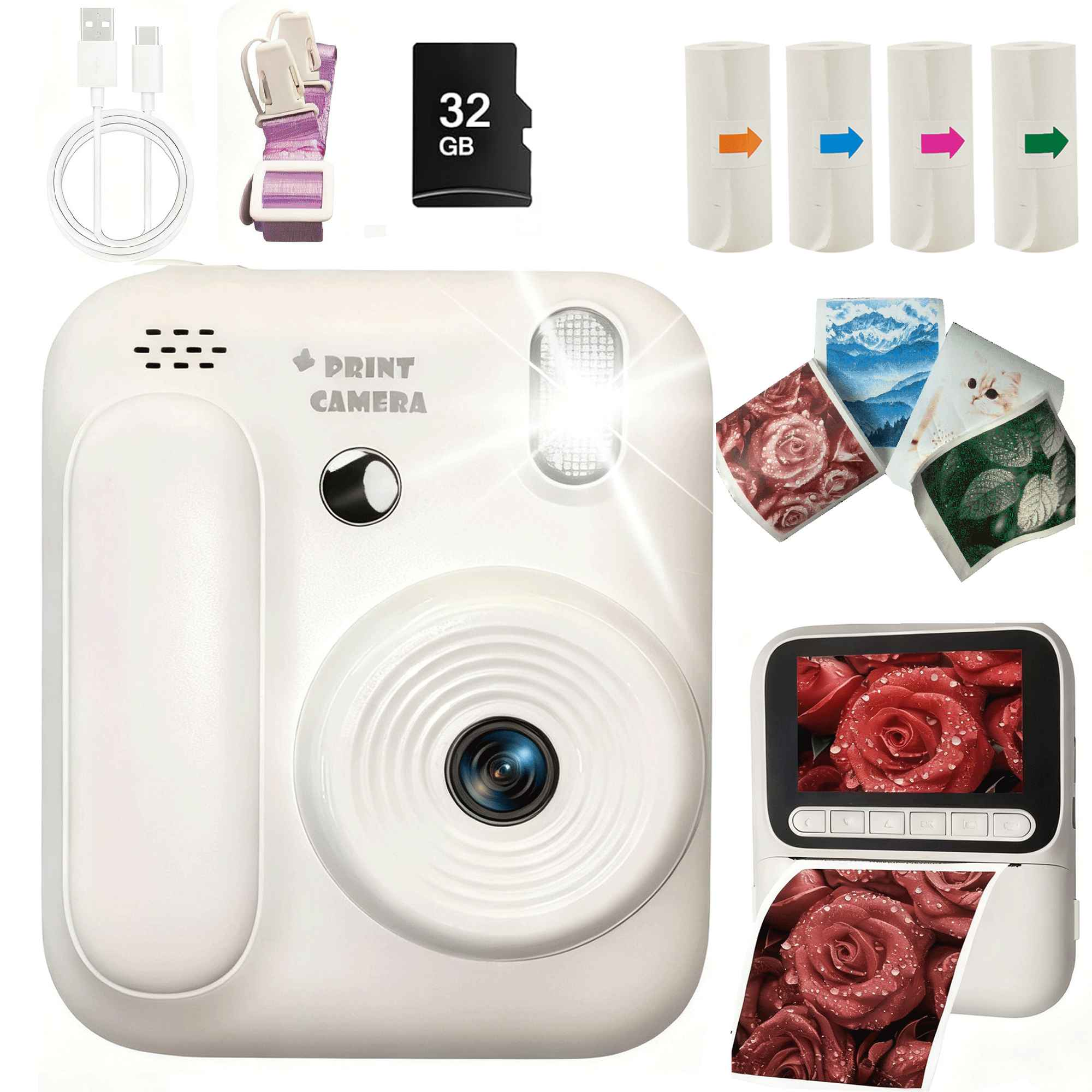 Ein weißer Sofortbild-Drucker mit Zubehör: USB-Kabel, Gurt, Speicherkarte, Papierrollen & Fotos.