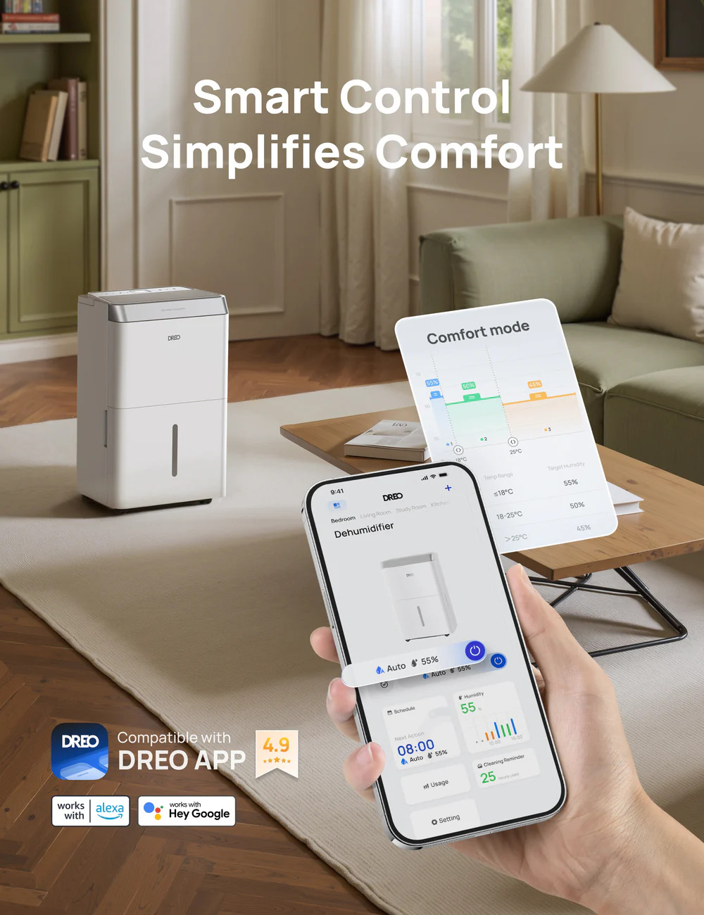 Un deumidificatore bianco si trova accanto a un tavolo con uno smartphone che mostra l'app.