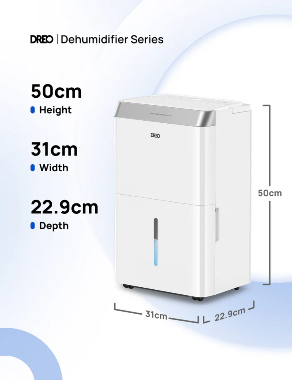 Deumidificatore DREO bianco, altezza 50cm, larghezza 31cm, profondità 22.9cm.