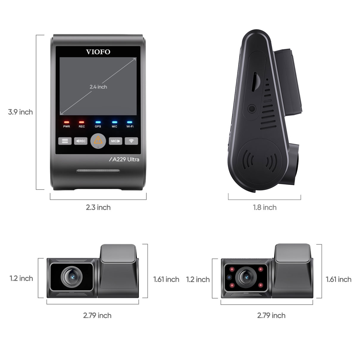 Viste di una dashcam VIOFO A229 Ultra con dimensioni.