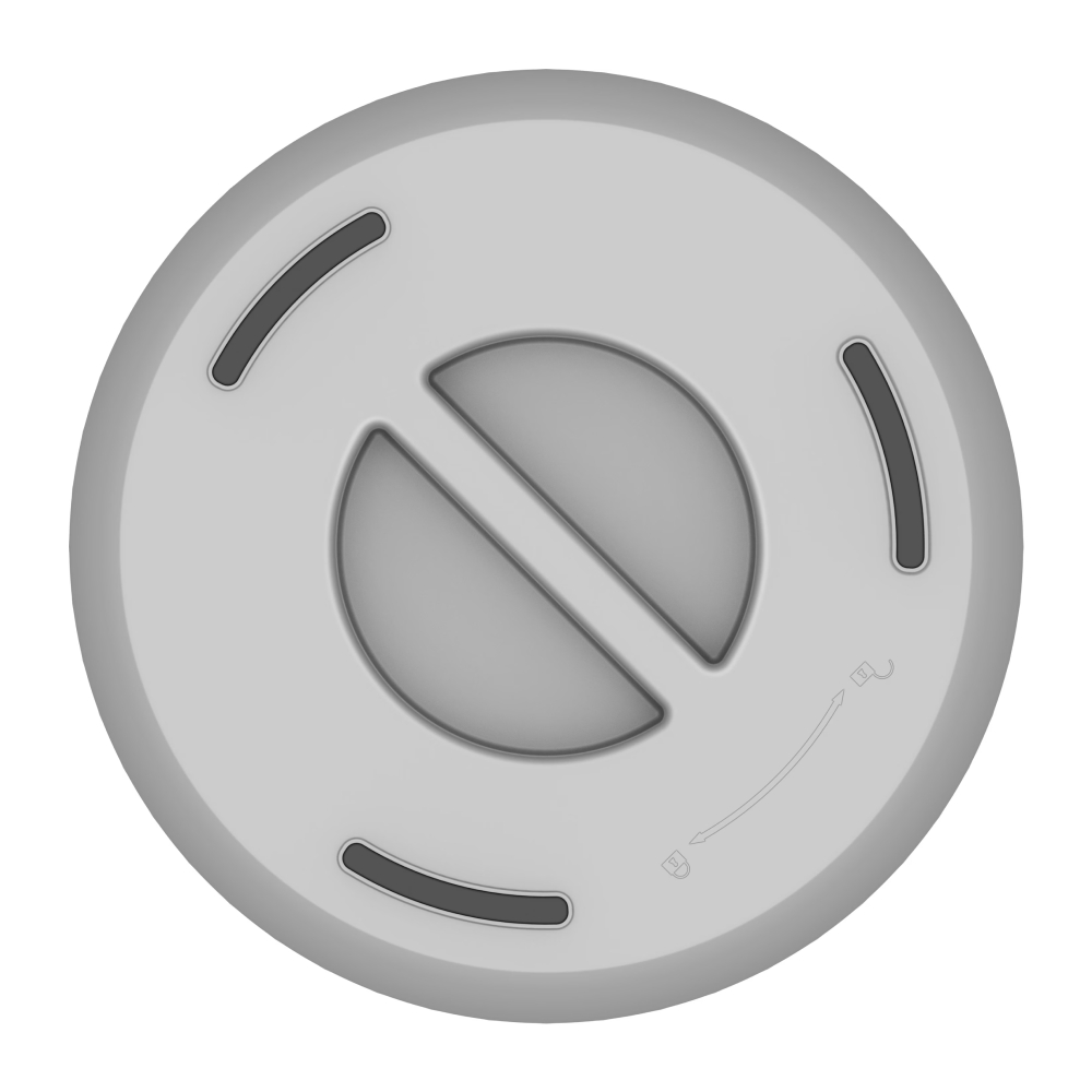 Couvercle rond gris avec deux renfoncements et symboles de déverrouillage.