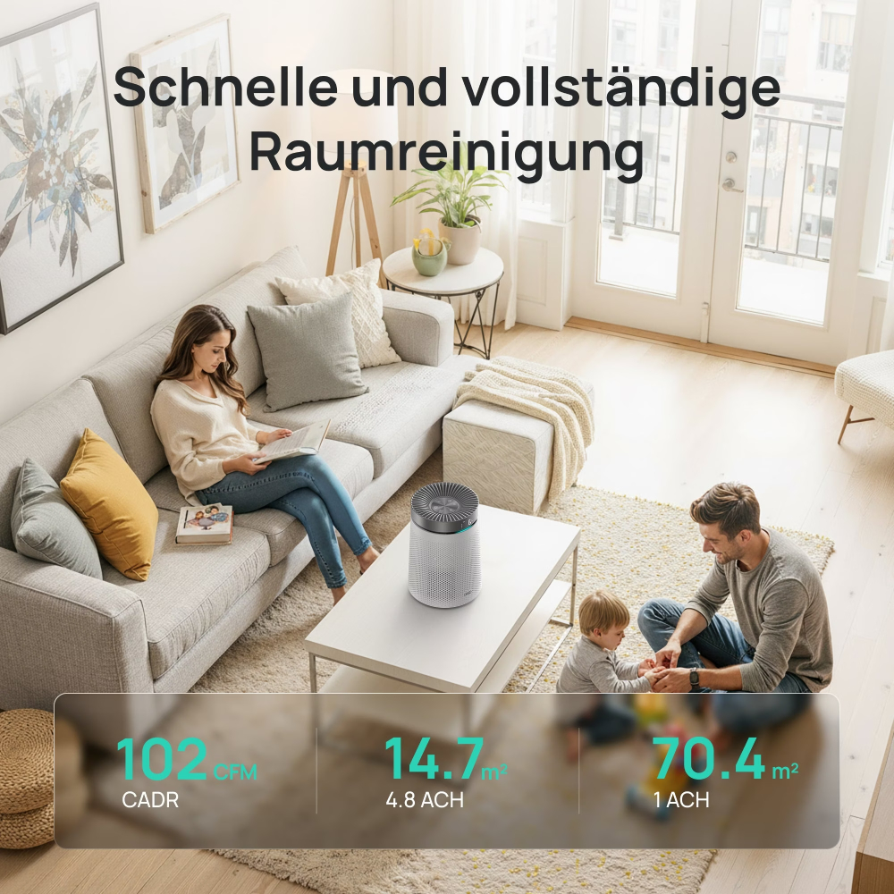 Famille dans un salon avec purificateur d'air. Femme lit, homme joue avec enfant.