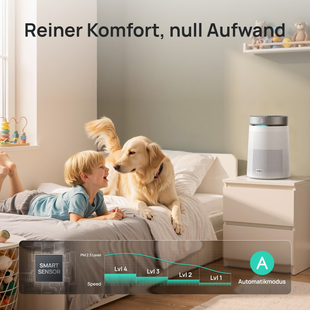 Un garçon et un chien sont allongés sur un lit à côté d'un purificateur d'air. Un graphique montre des données sur la qualité de l'air.