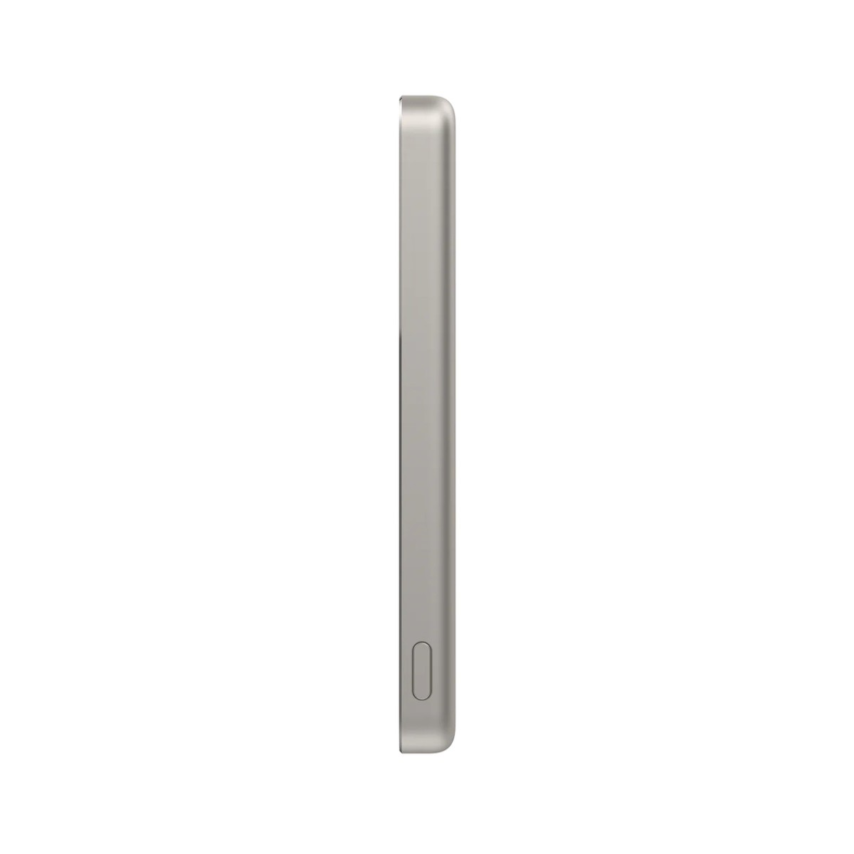 Smartphone grigio di profilo su sfondo bianco con un piccolo pulsante ovale.