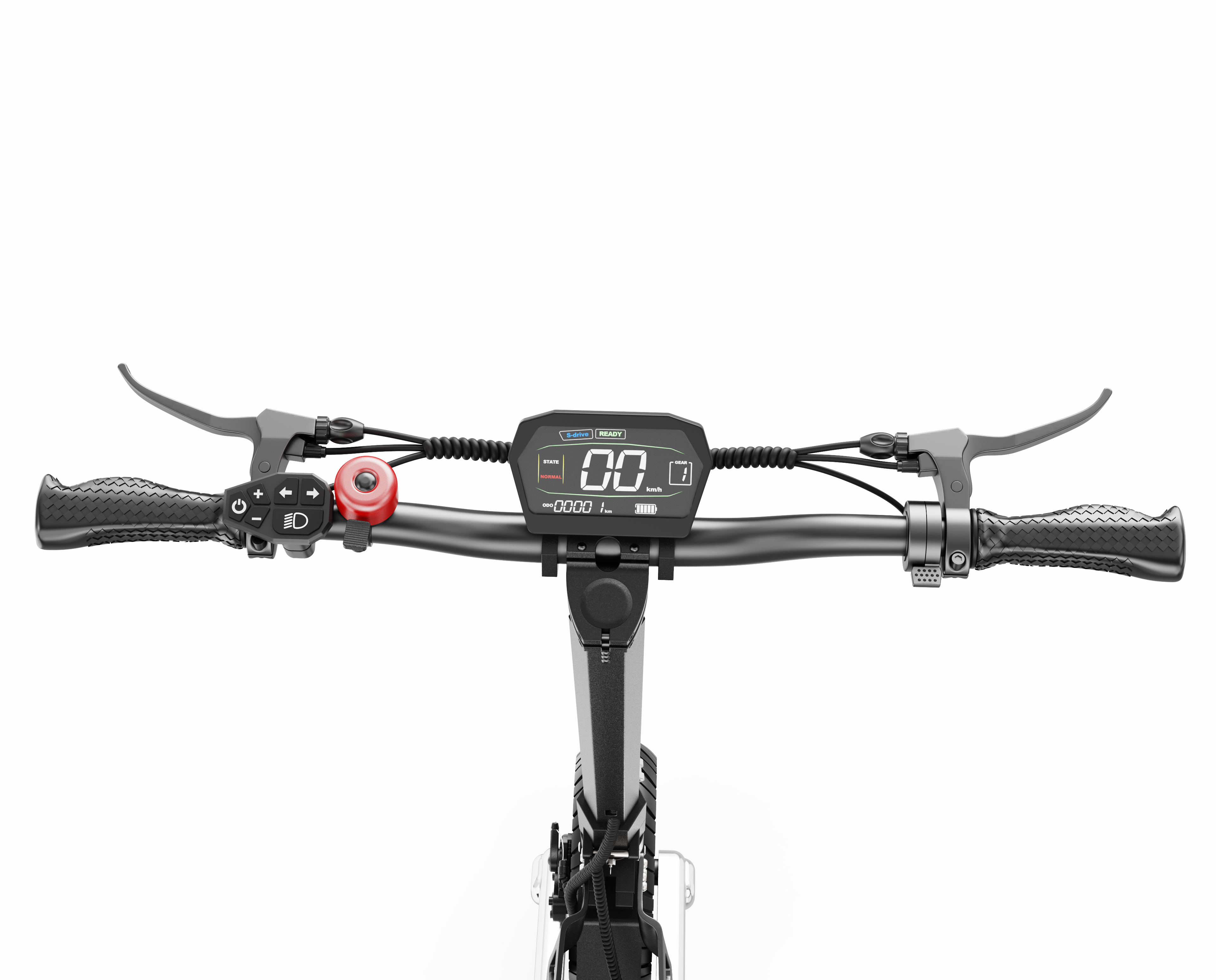 Lenker eines E-Scooters mit digitalem Display, Griffen und Bremsen.