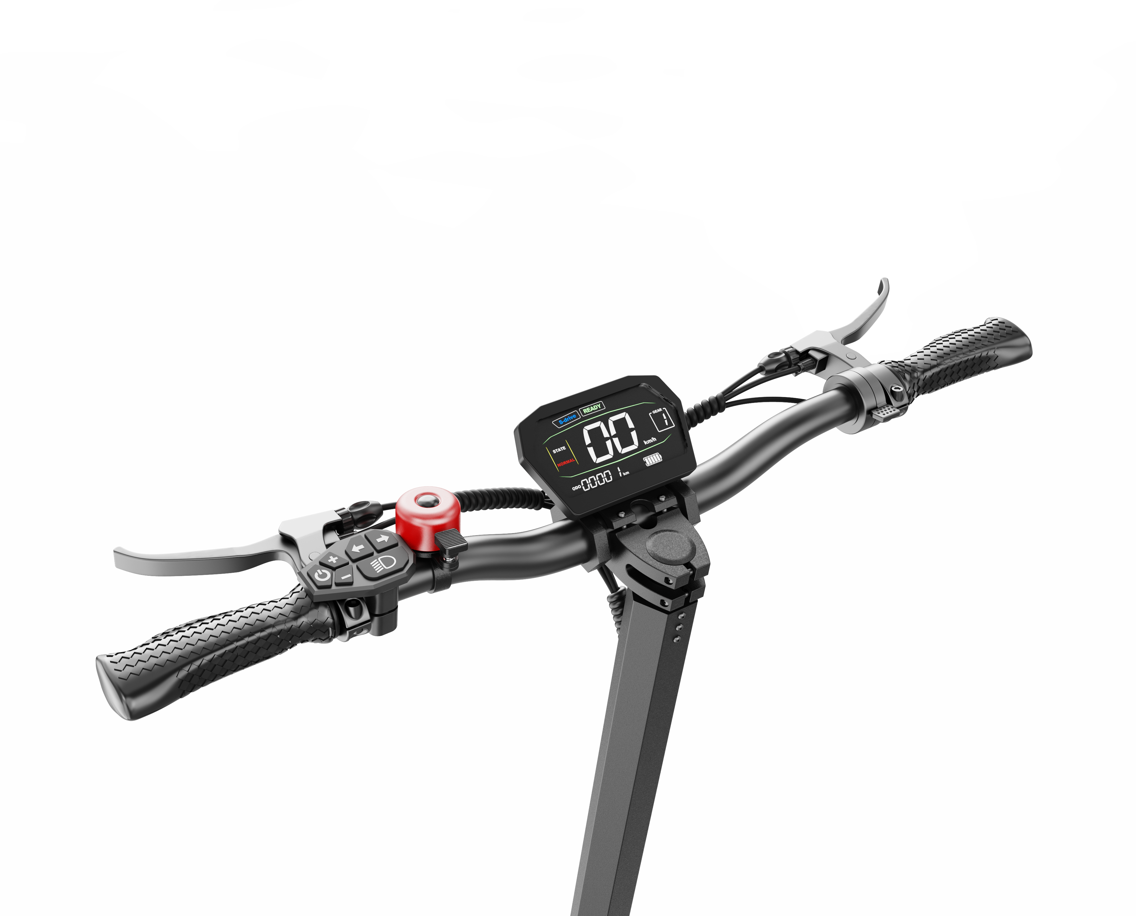 Lenker eines E-Scooters mit Display, Bremsen, roter Klingel und Griff.