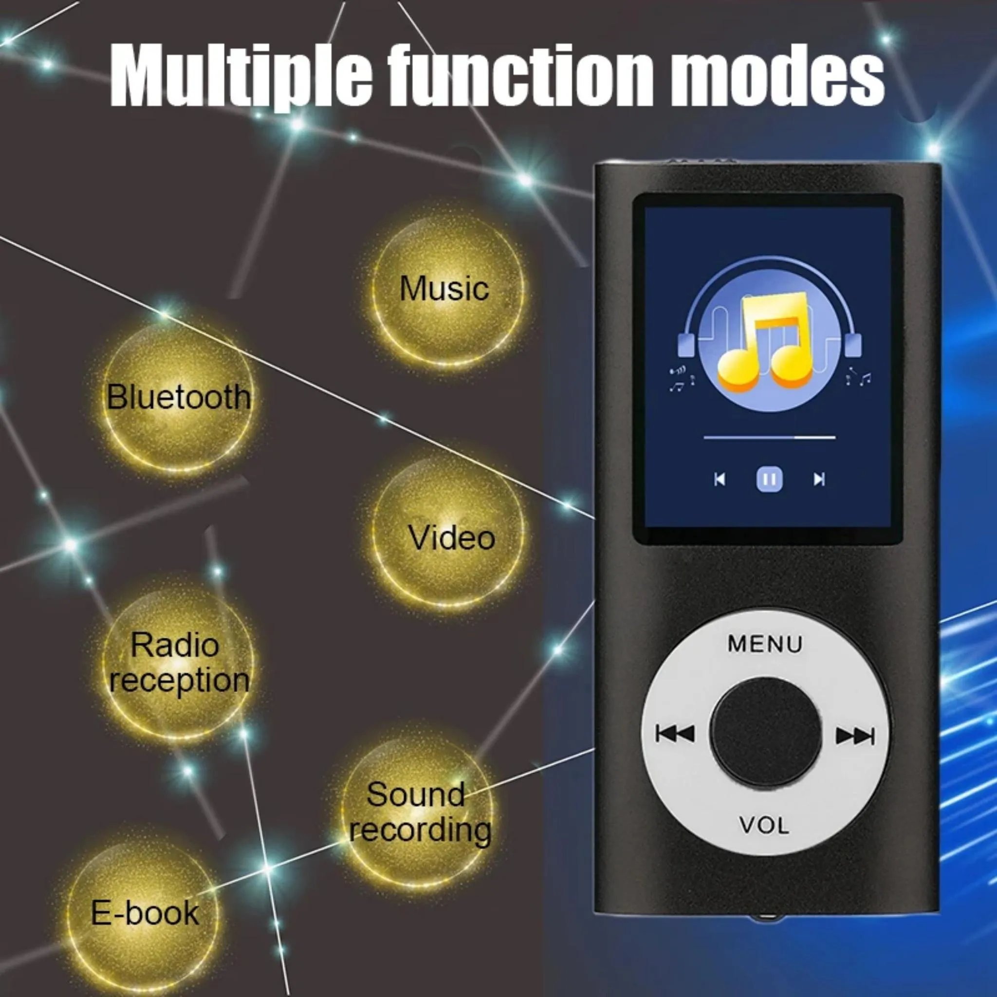 Ein schwarzer MP3-Player mit Musik-Symbol auf dem Bildschirm und Menüoptionen.