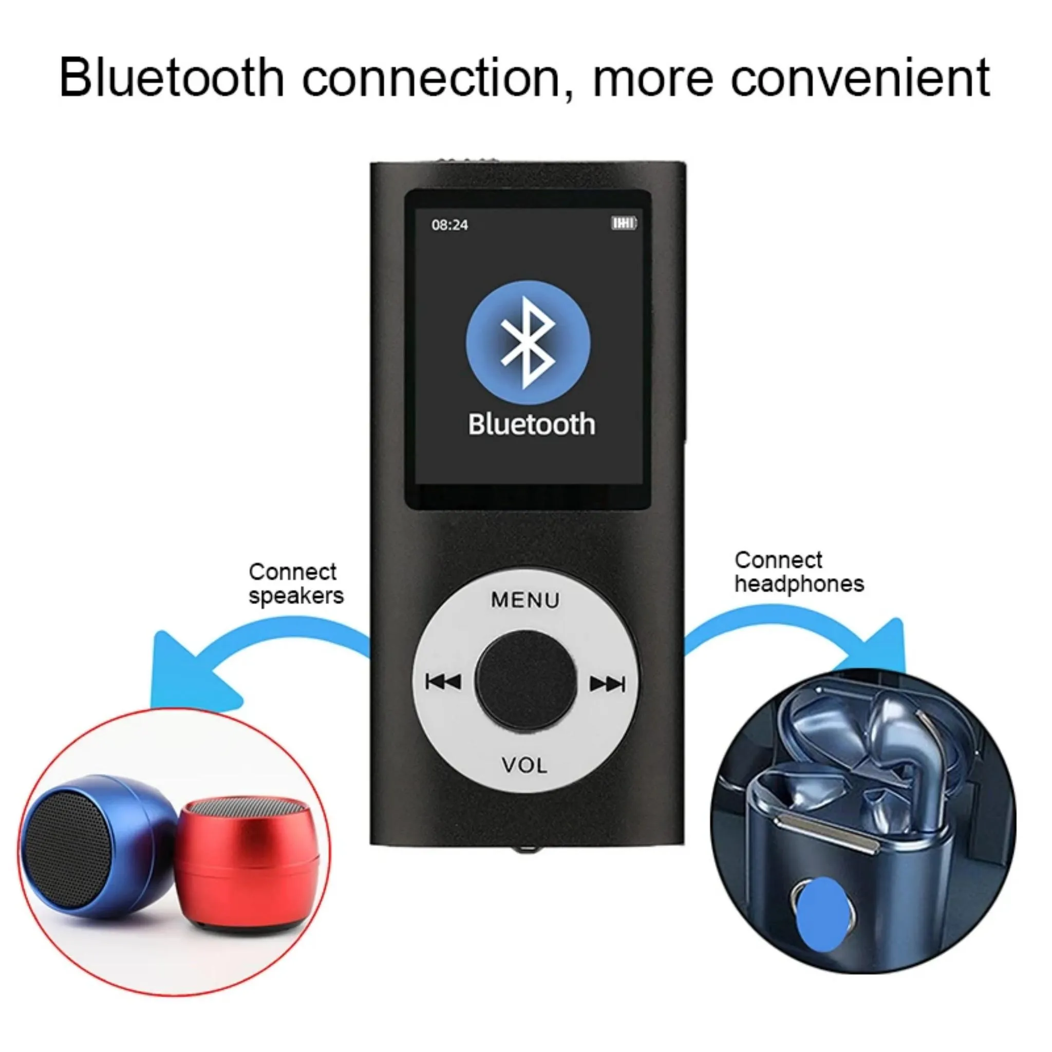 Schwarzer MP3-Player mit Bluetooth, verbunden mit blauem Lautsprecher und Ohrhörern.