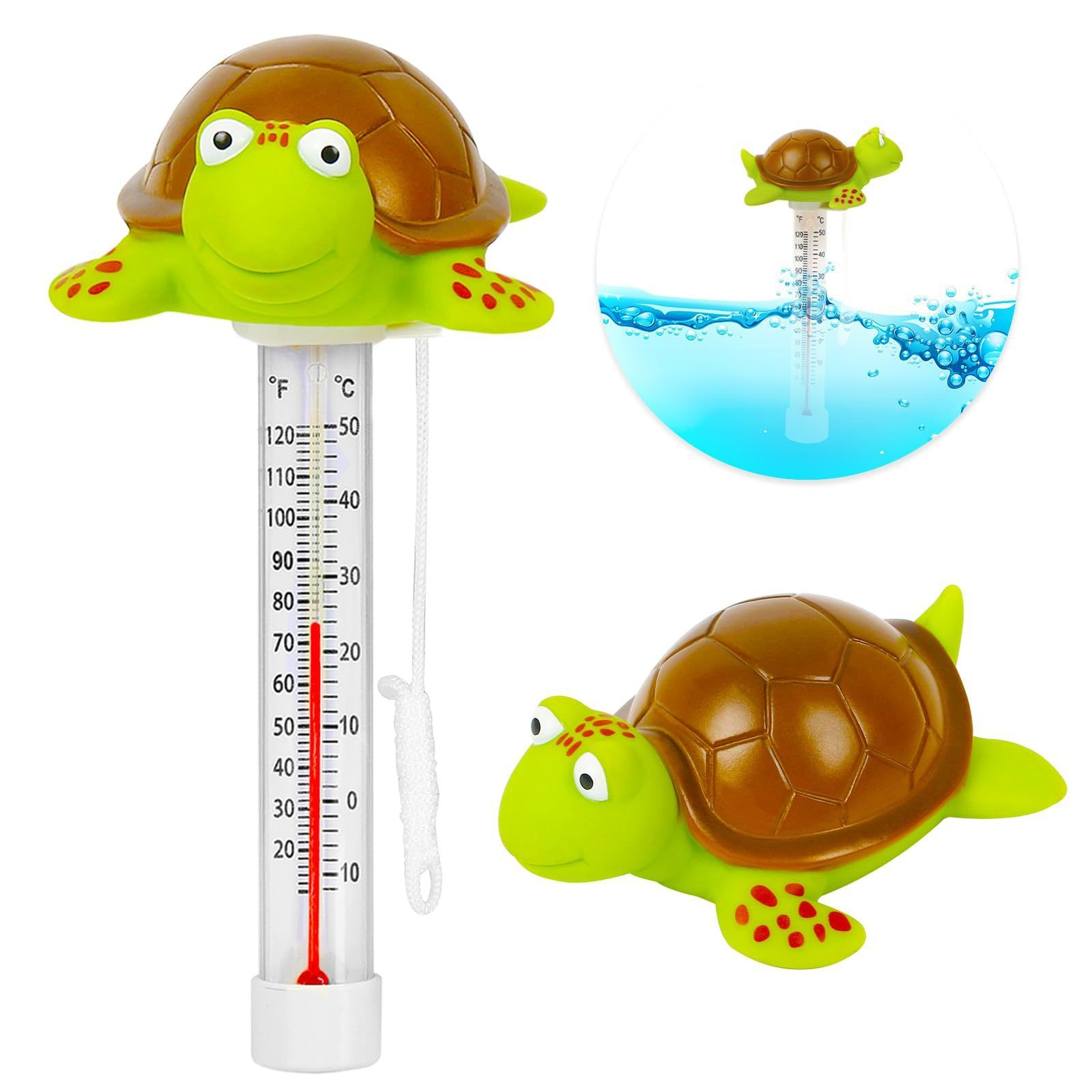 Ein Thermometer in Form einer Schildkröte mit Skalen in Fahrenheit und Celsius.