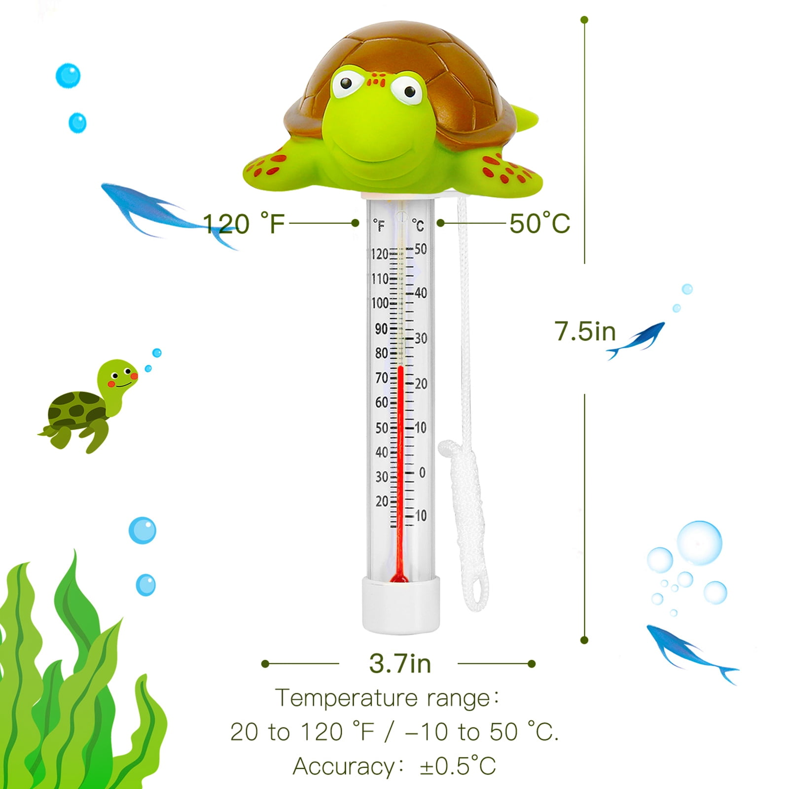 Schwimmender Thermometer mit Schildkröten-Design, misst 20-120°F/ -10-50°C.