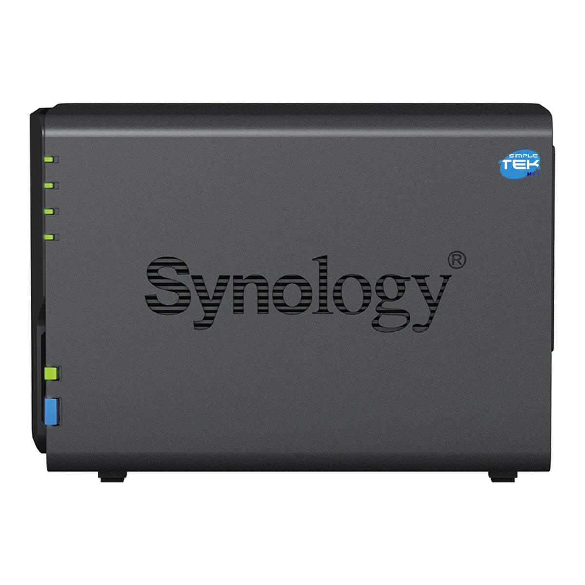 Un server NAS scuro con logo Synology e spie luminose.