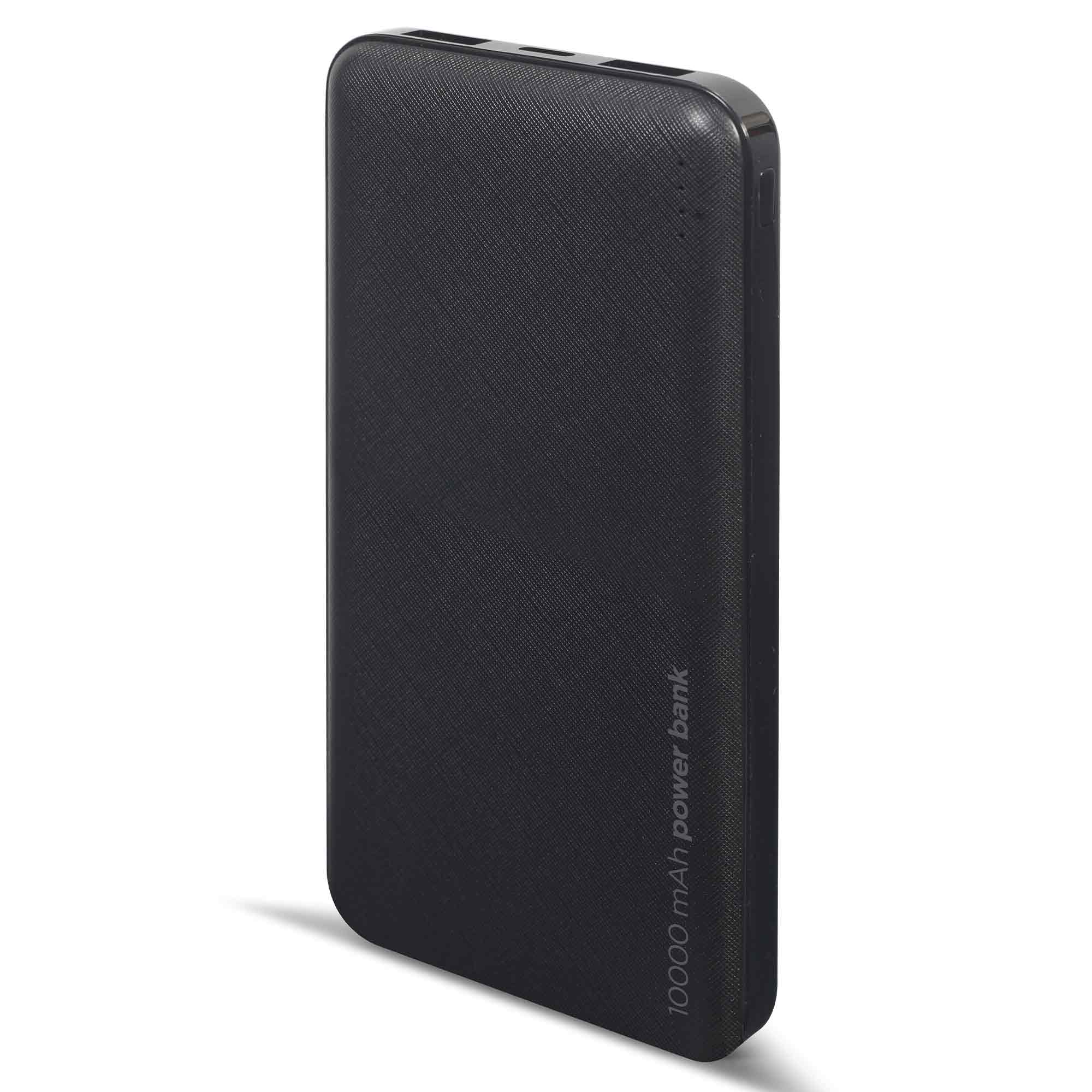 Schwarzes Powerbank mit 10000 mAh und texturiertem Gehäuse.