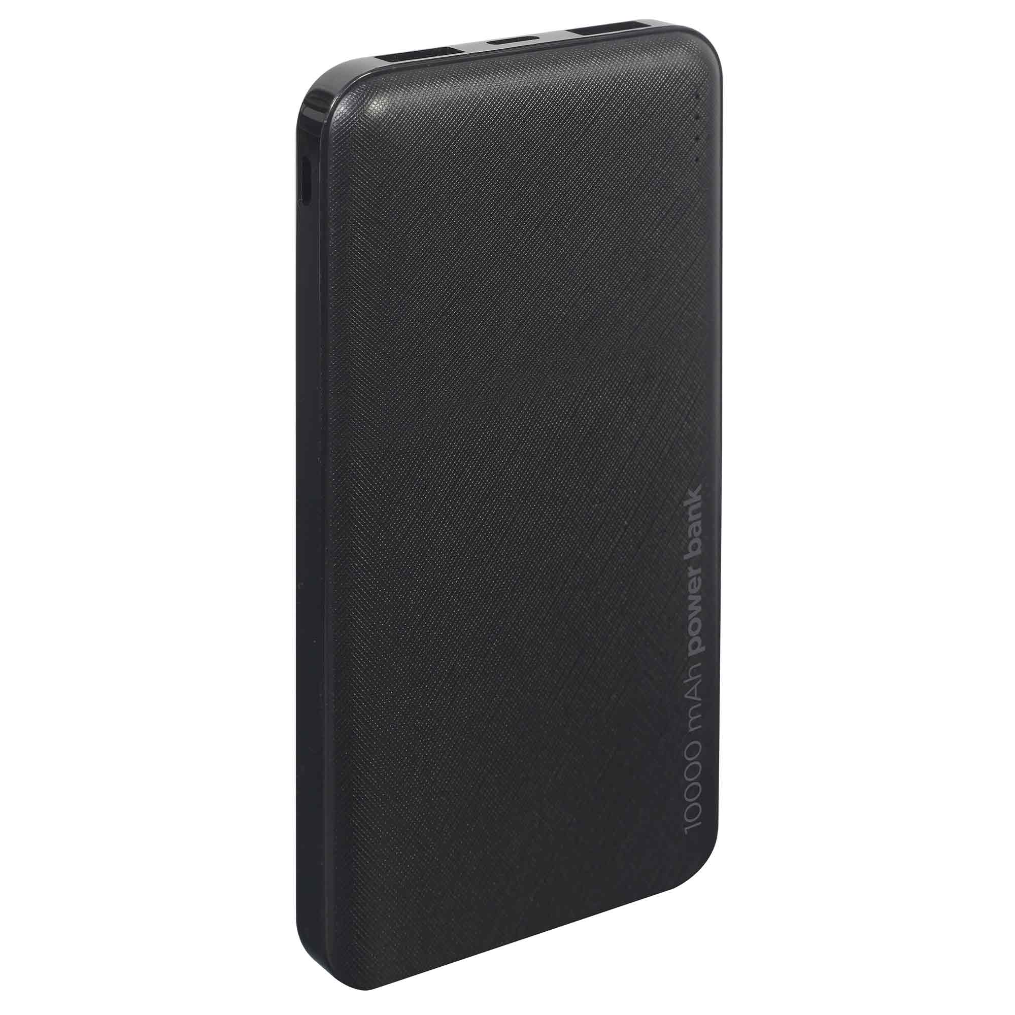 Schwarzes 10000 mAh Powerbank mit texturiertem Gehäuse.