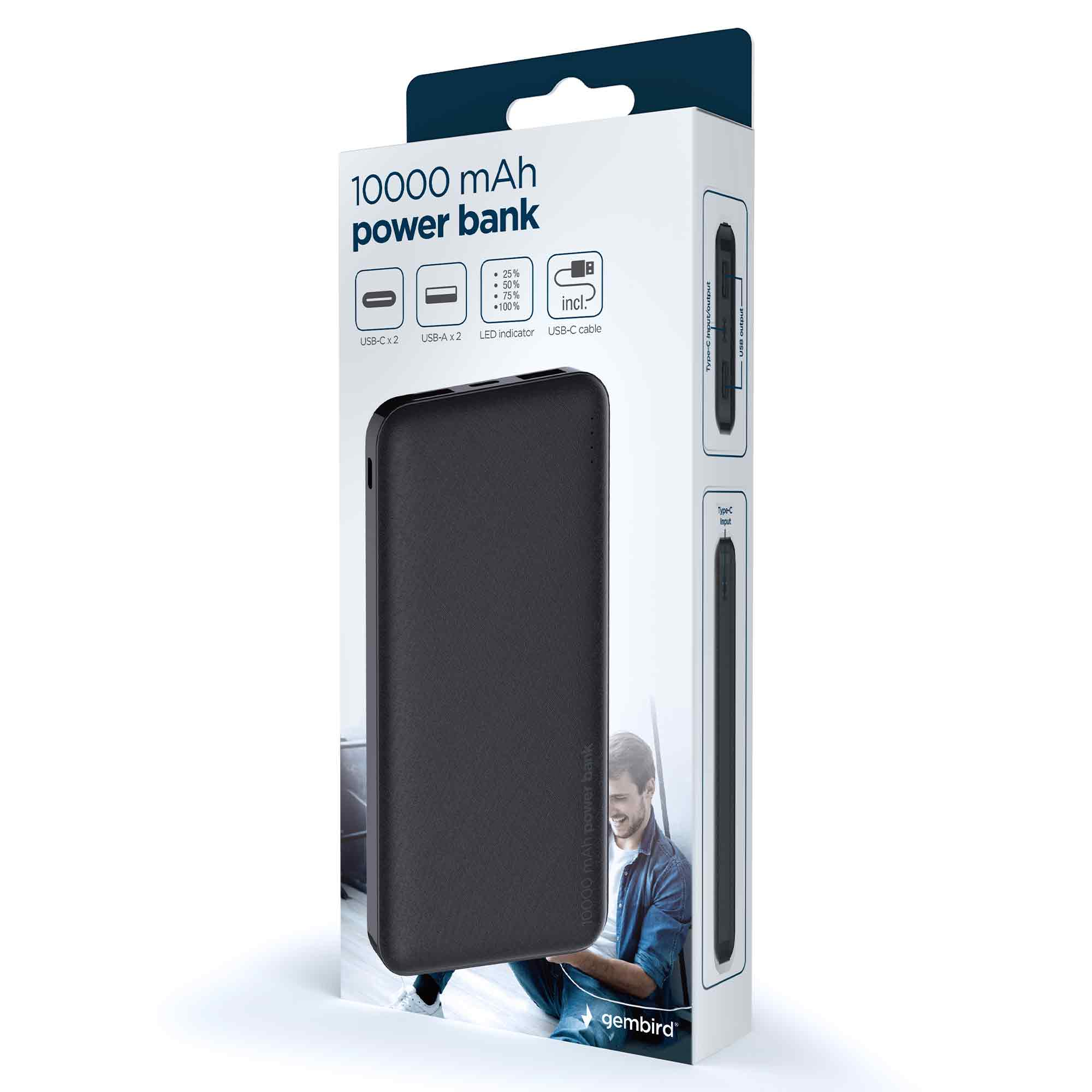 Schwarze 10000-mAh-Powerbank auf Verpackung mit Anschlüssen und LED-Anzeige.