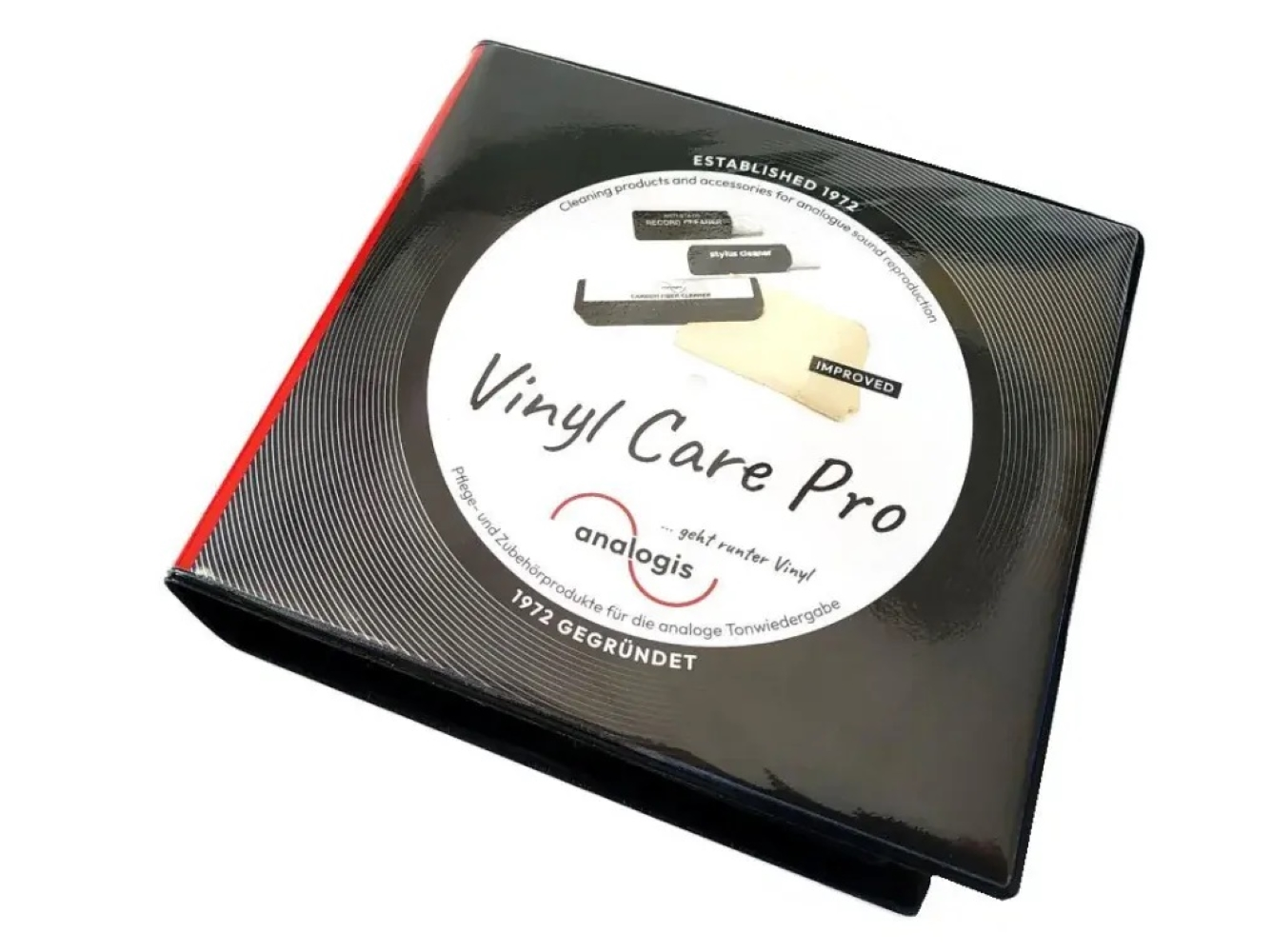 Czarny segregator do produktów do pielęgnacji winyli z napisem Vinyl Care Pro.
