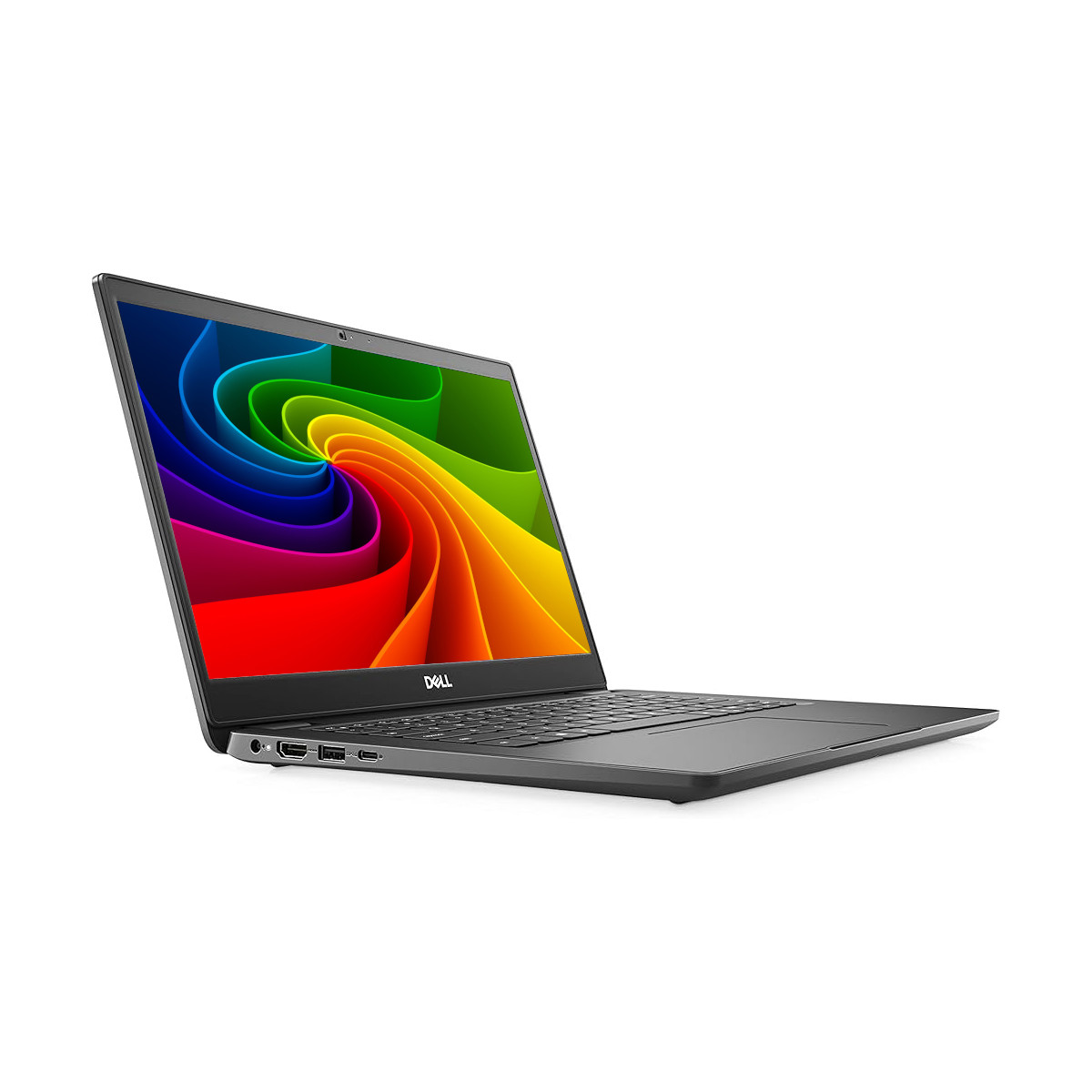Ein geöffneter schwarzer Dell Laptop mit einem bunten Hintergrundbild auf dem Bildschirm.