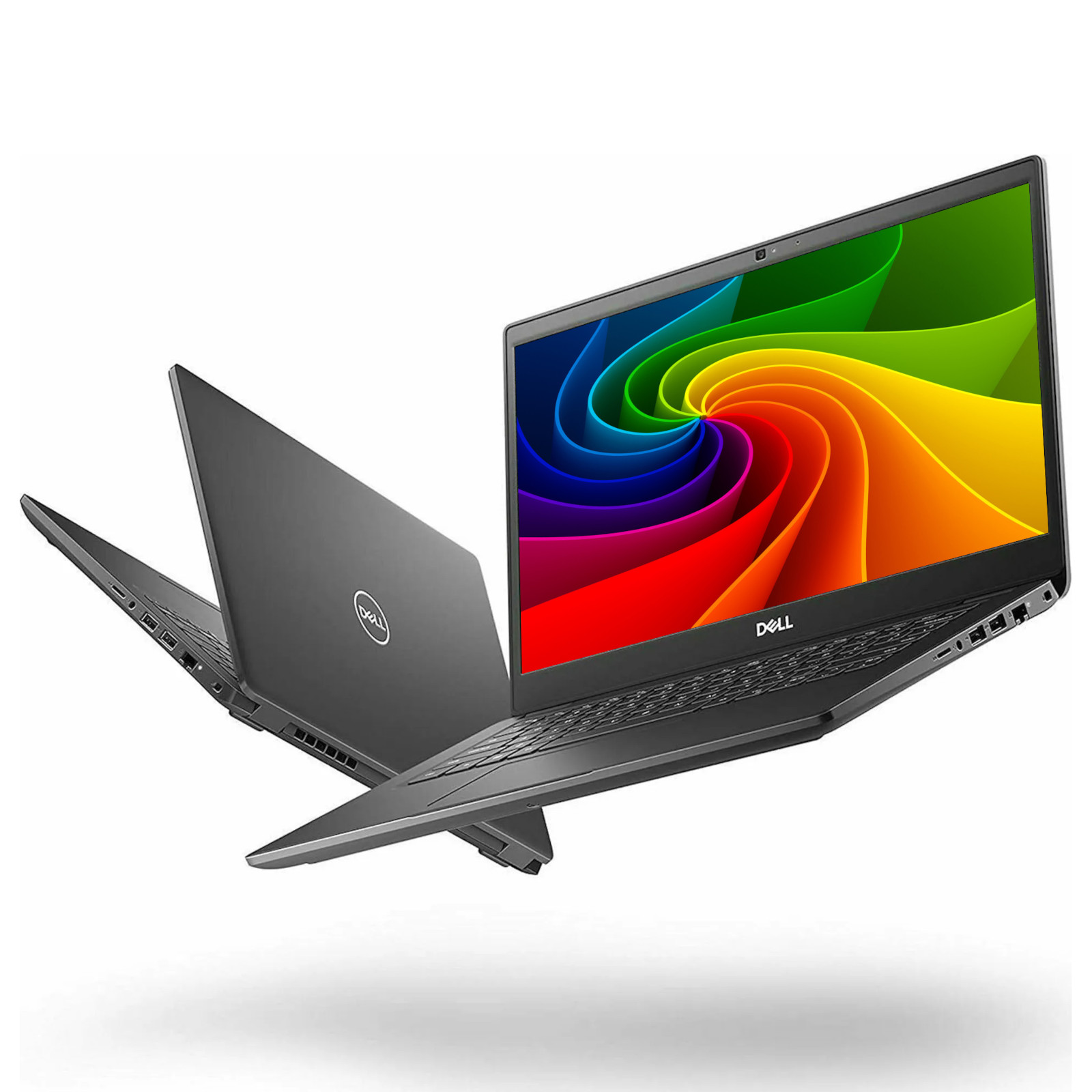Zwei graue Dell Laptops schweben, einer mit buntem Hintergrund.