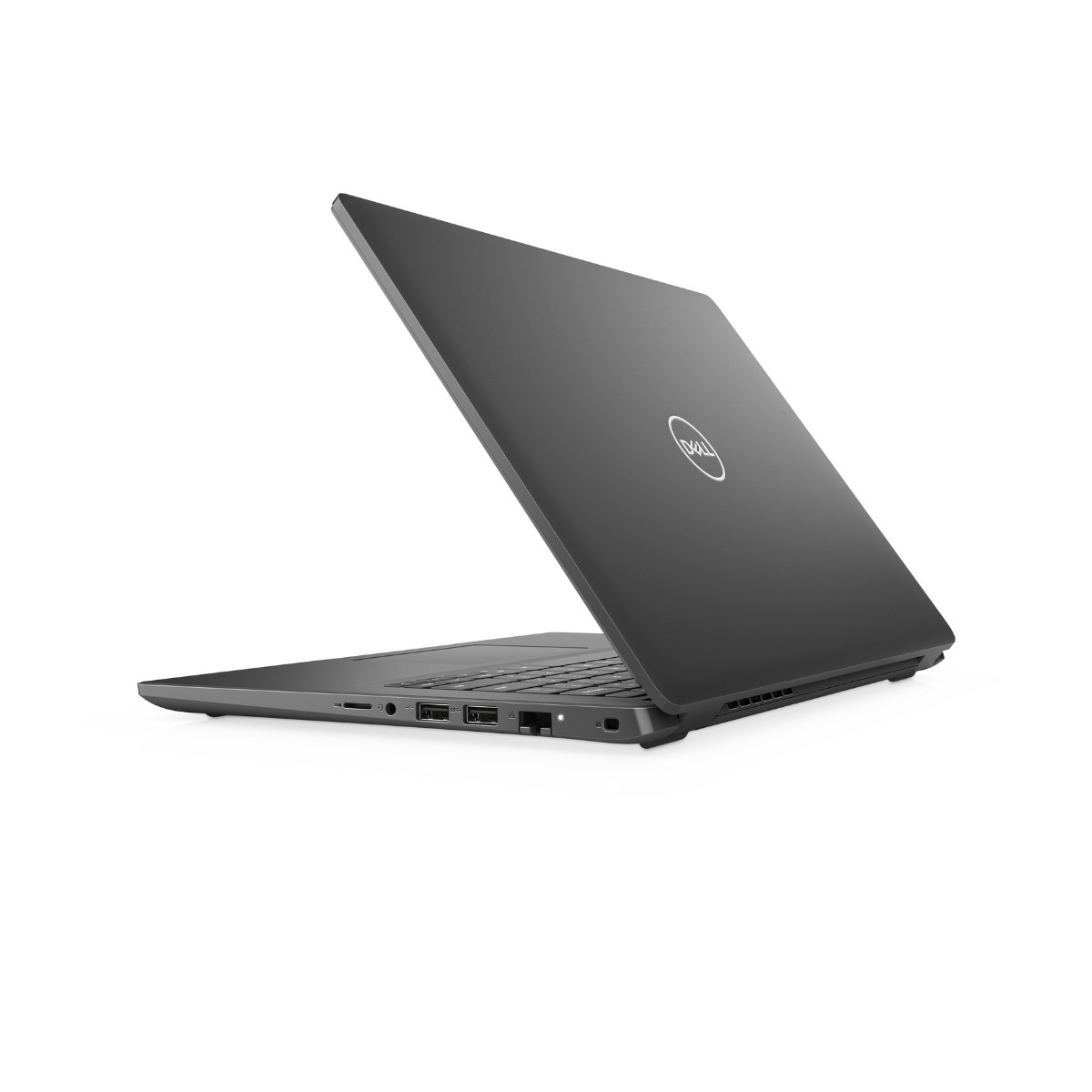 Ein graues Dell-Laptop mit geöffnetem Bildschirm und Tastatur, auf weißem Hintergrund.
