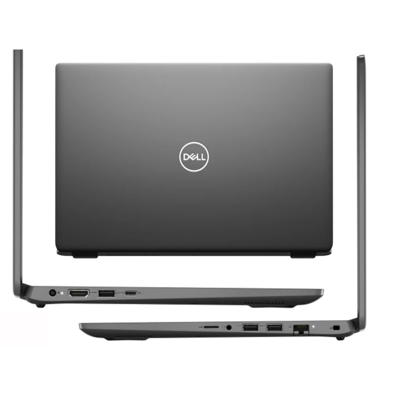 Drei Ansichten eines geschlossenen grauen Dell Laptops mit Logo.