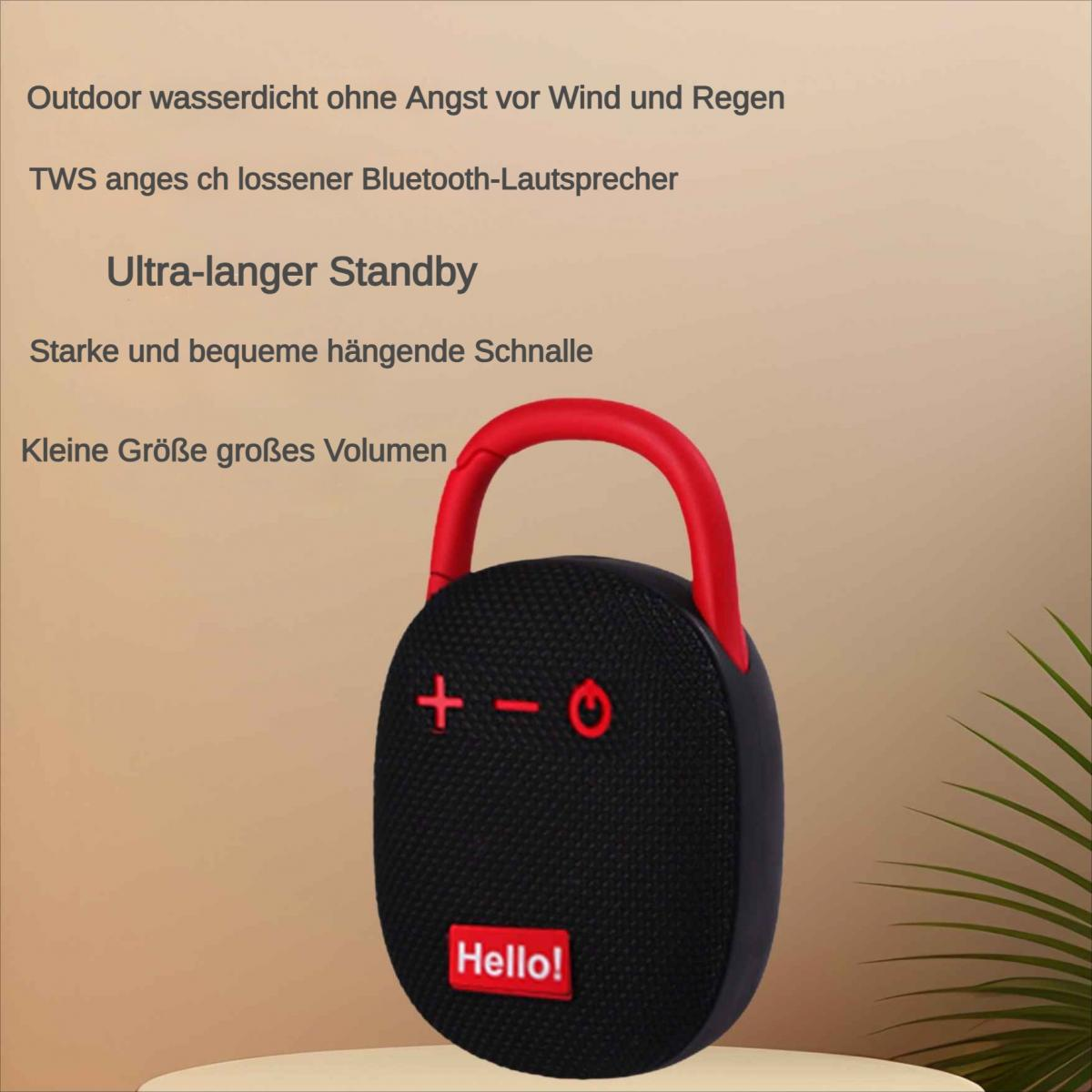 Schwarzer Bluetooth-Lautsprecher mit rotem Griff und Bedienelementen.