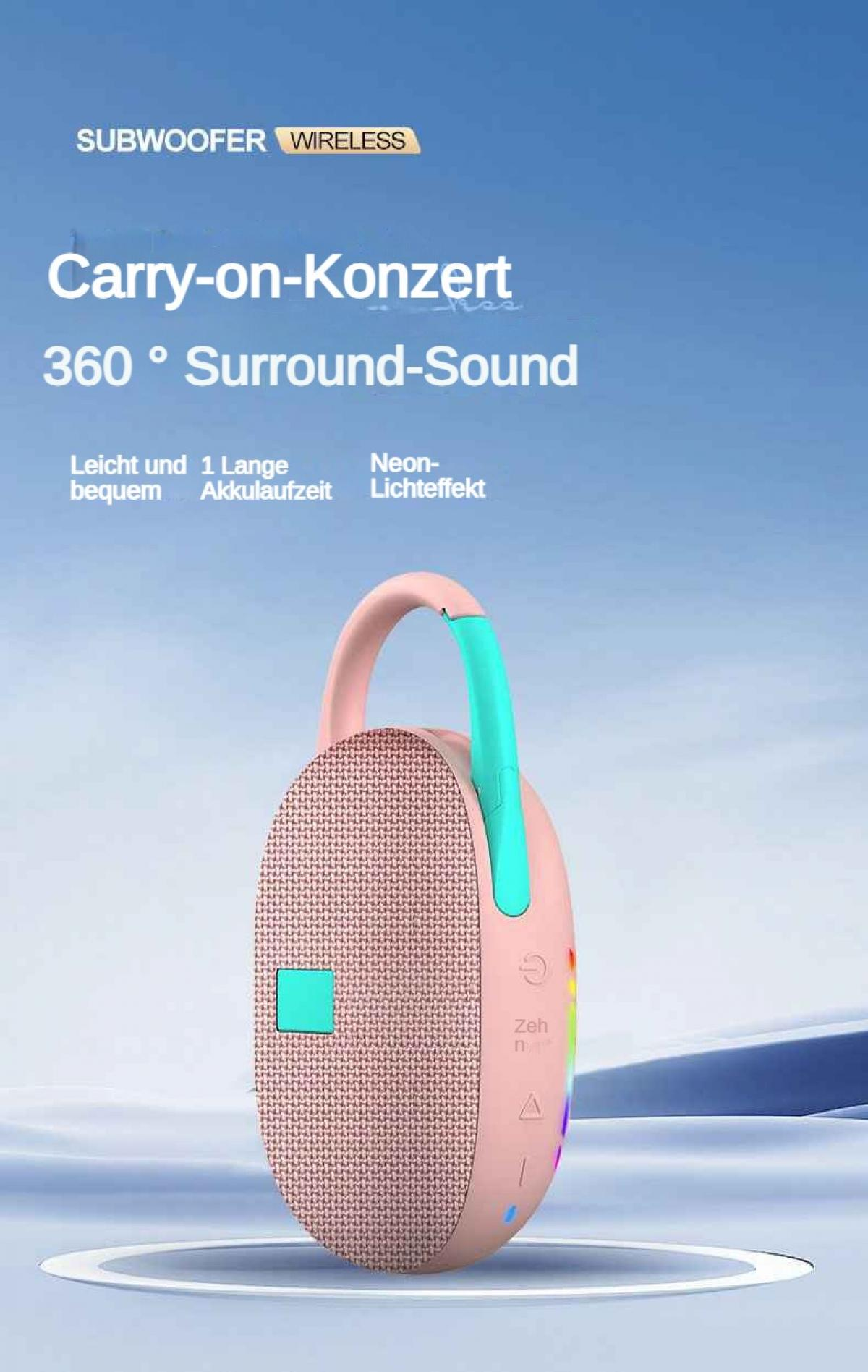 Ein rosafarbener kabelloser Subwoofer mit blauem Griff und Lichtern.